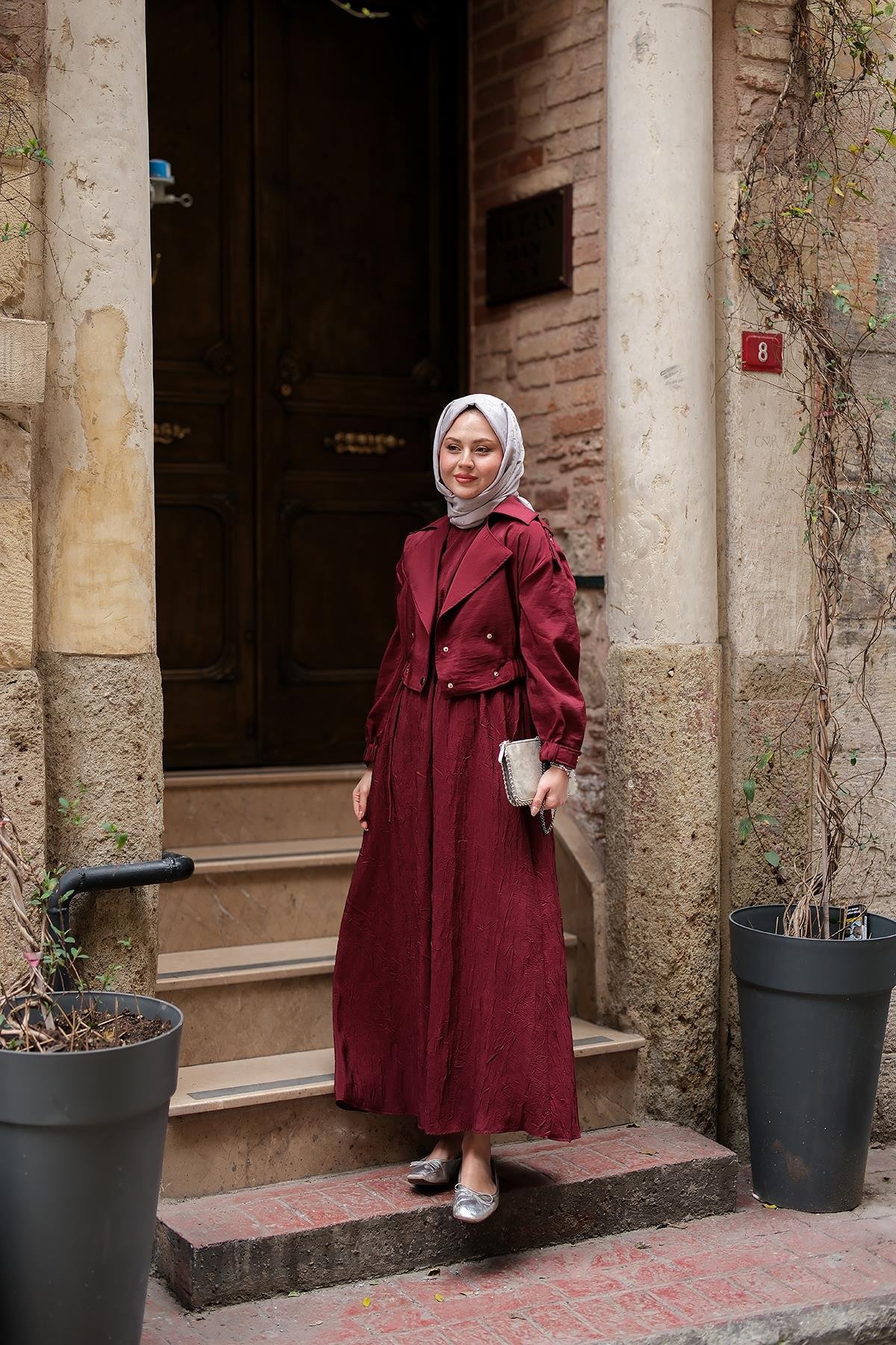 Bolero Detaylı Sıfır Kol Elbise Bordo