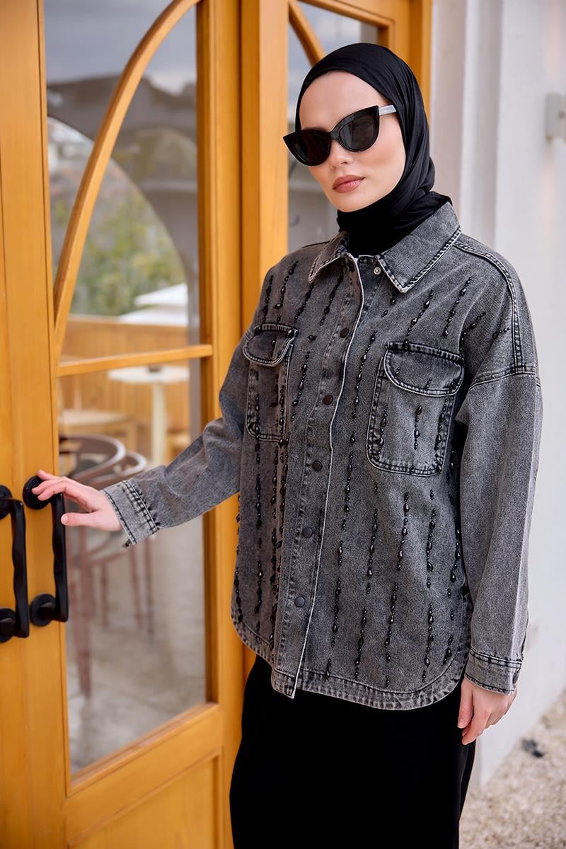 Boncuk İşlemeli Jean Ceket  Antrasit
