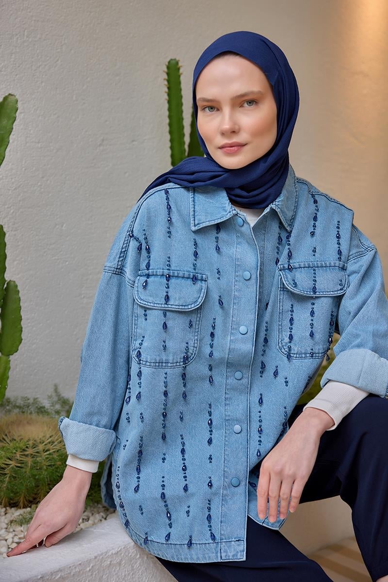 Boncuk İşlemeli Jean Ceket  Buz Mavi
