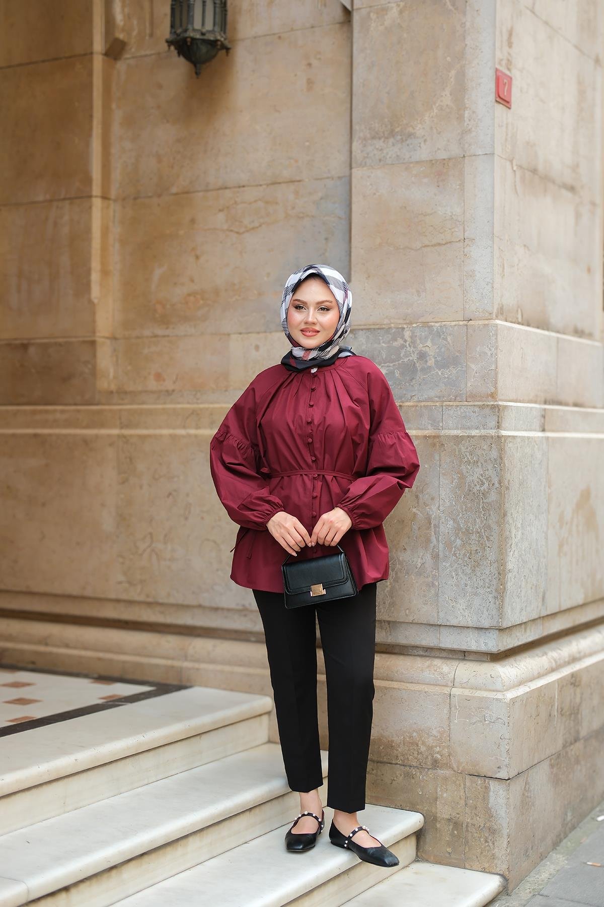 Brit Düğme Detaylı Gömlek Bordo