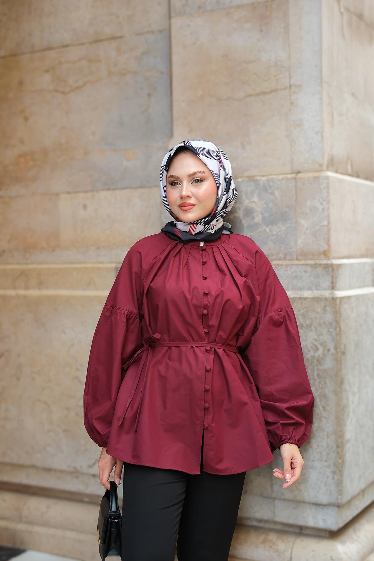 Brit Düğme Detaylı Gömlek Bordo