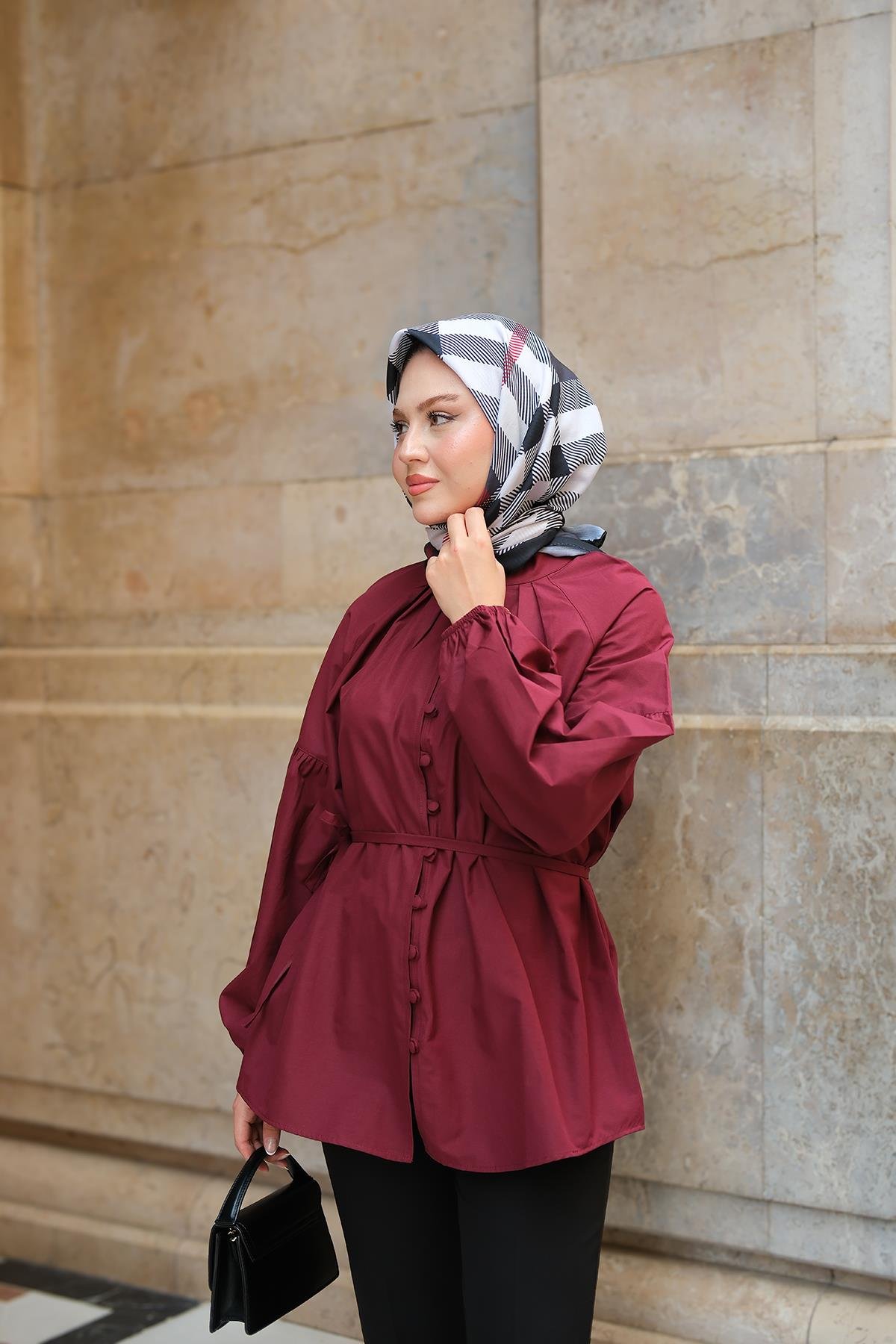 Brit Düğme Detaylı Gömlek Bordo