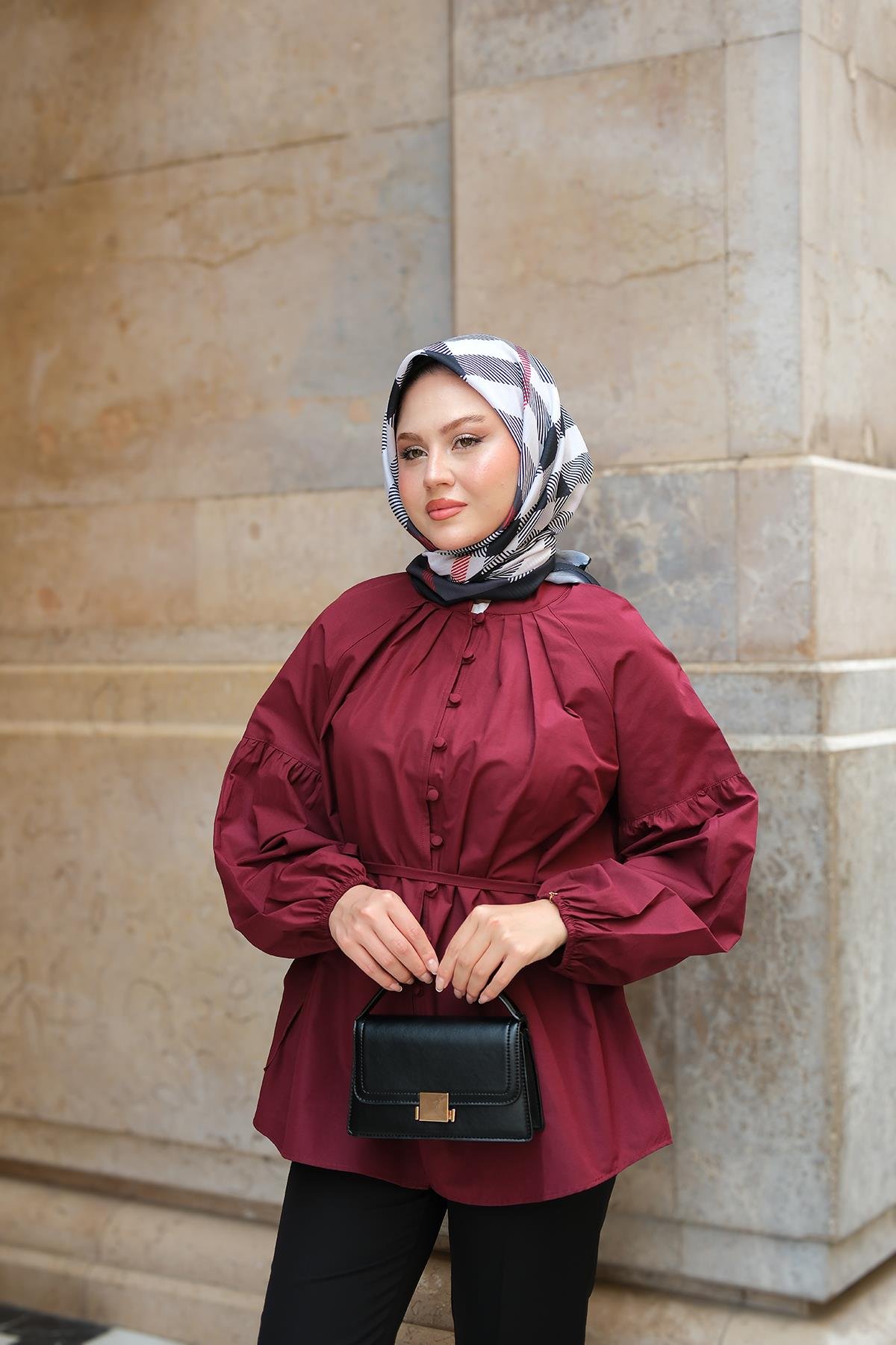 Brit Düğme Detaylı Gömlek Bordo