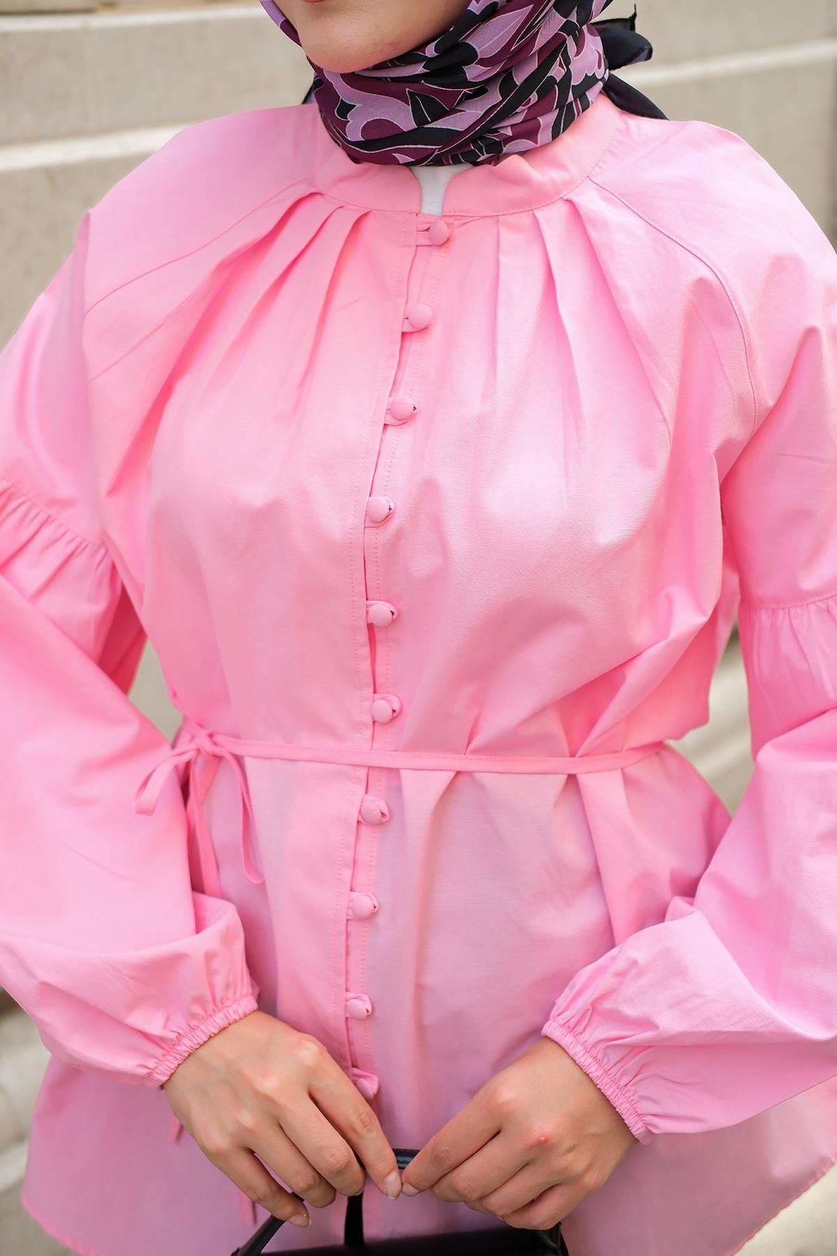 Brit Düğme Detaylı Gömlek Pembe