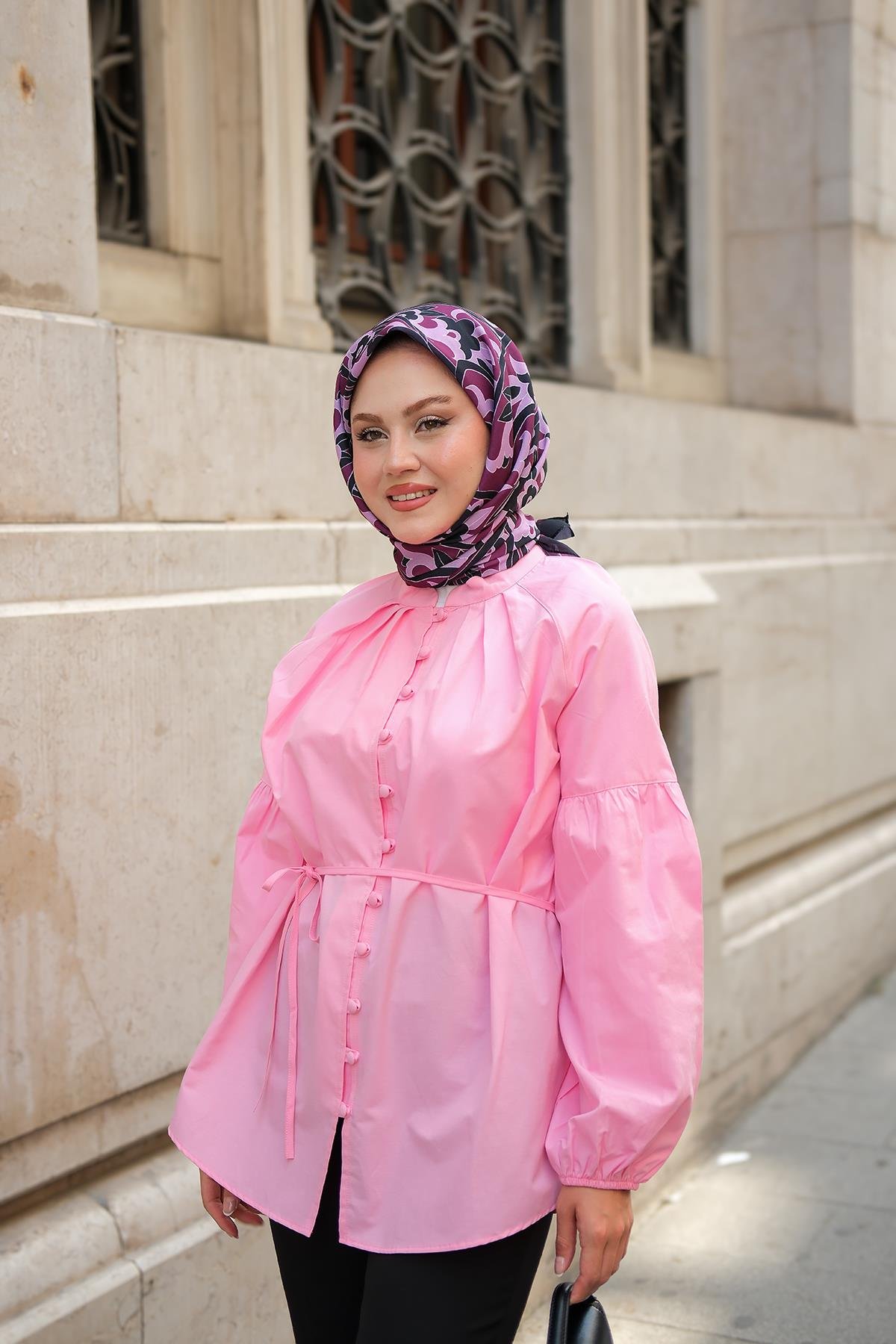 Brit Düğme Detaylı Gömlek Pembe