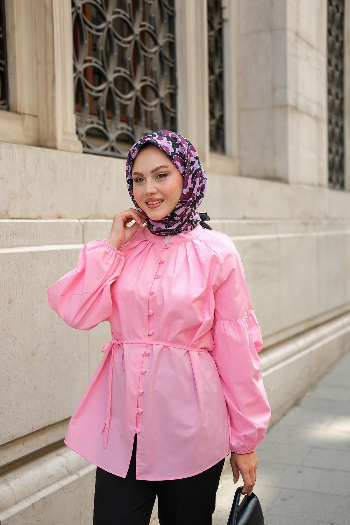 Brit Düğme Detaylı Gömlek Pembe