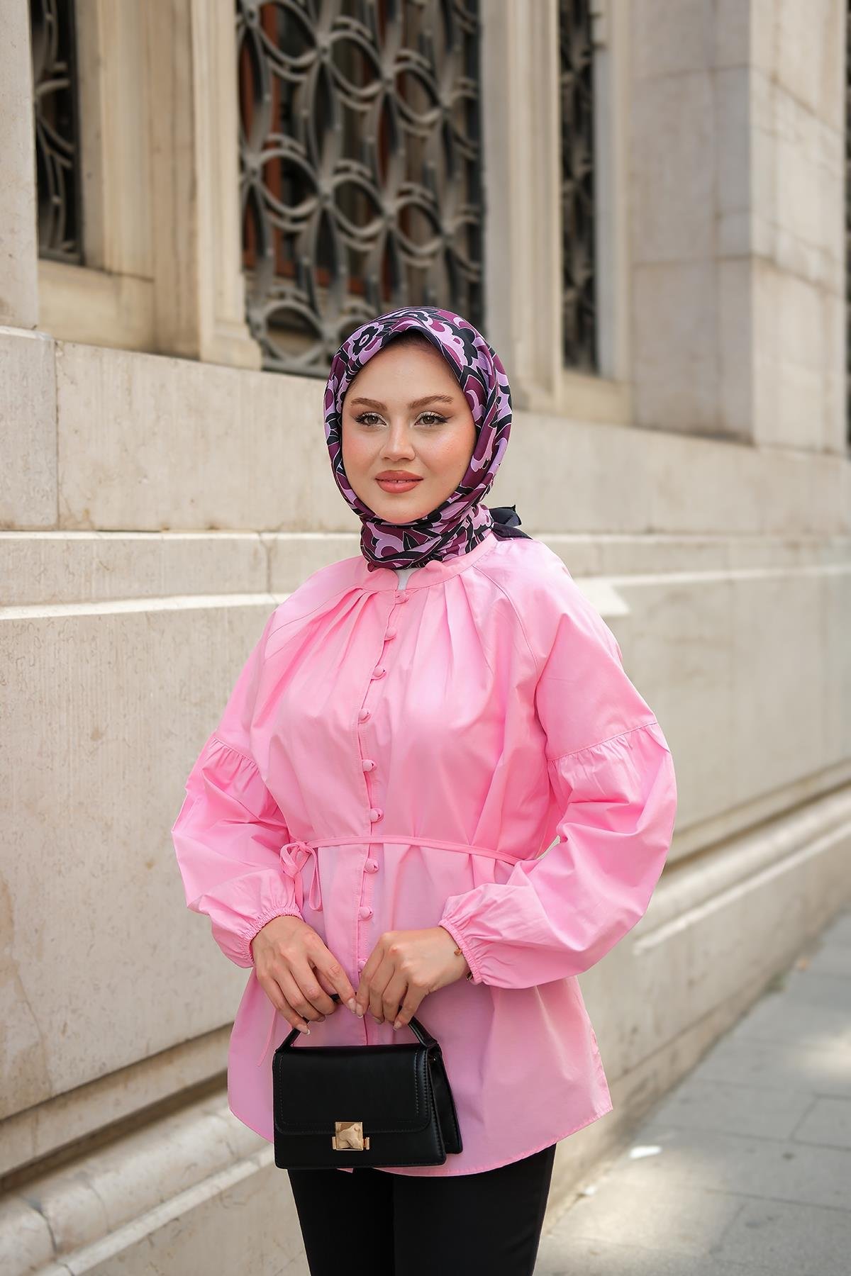 Brit Düğme Detaylı Gömlek Pembe