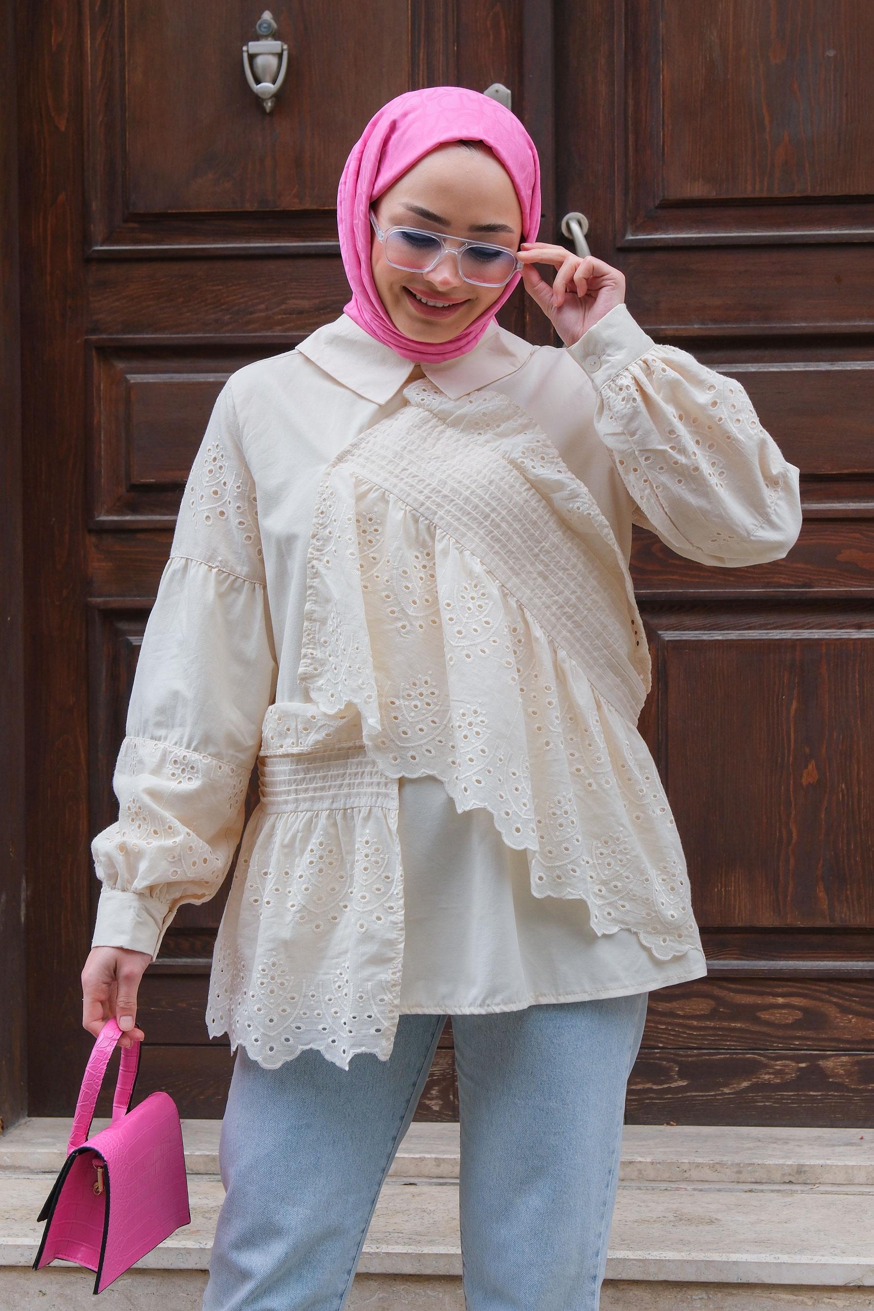 Brode Dantel Detaylı Gömlek Krem