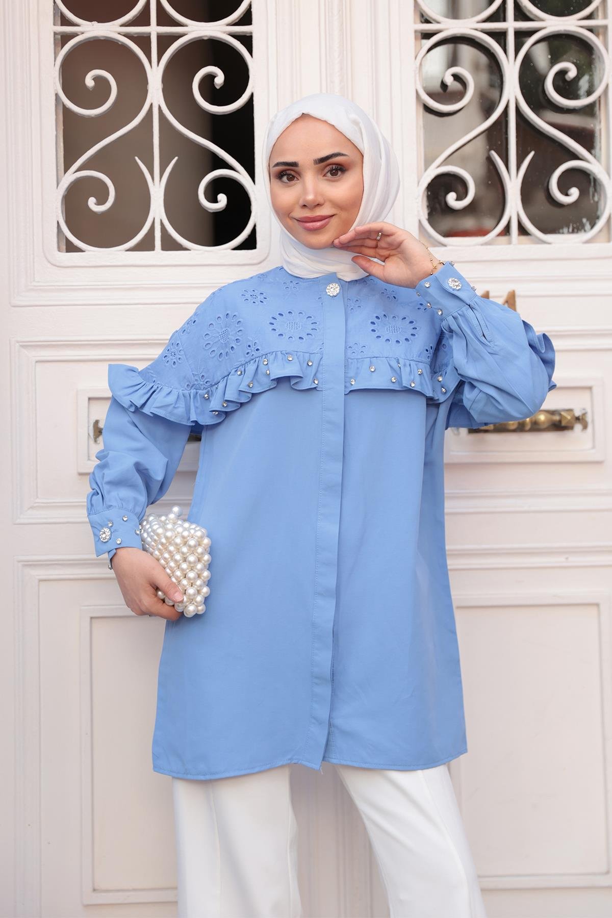 Brode Detay Taşlı Gömlek Mavi