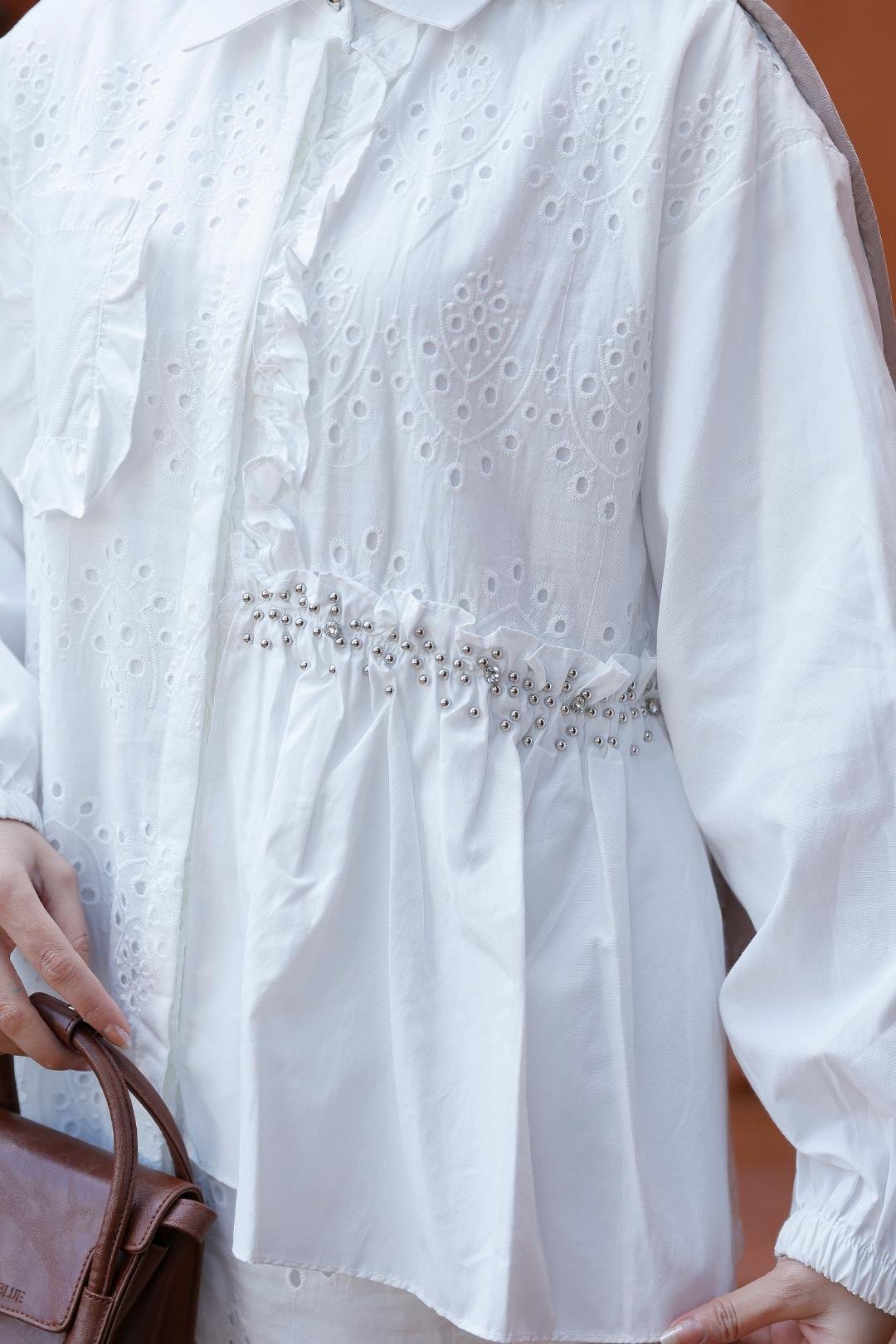 Brode Detay Yarım Taşlı Gömlek Beyaz