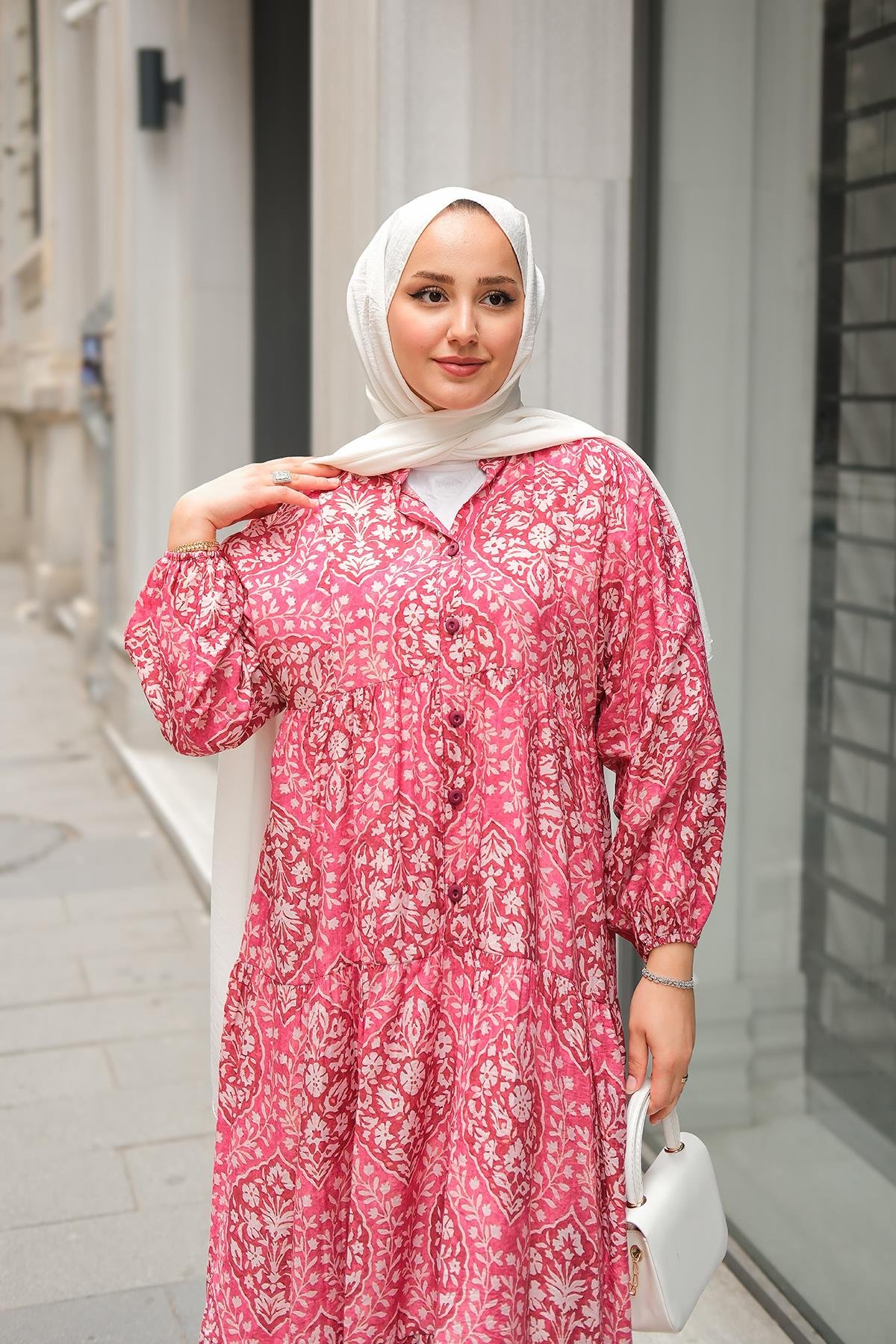 Buğlem Desenli Elbise Fuşya