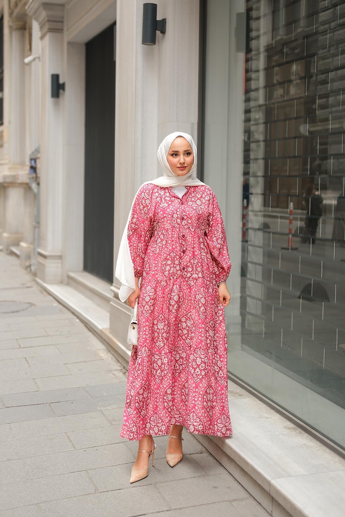 Buğlem Desenli Elbise Fuşya