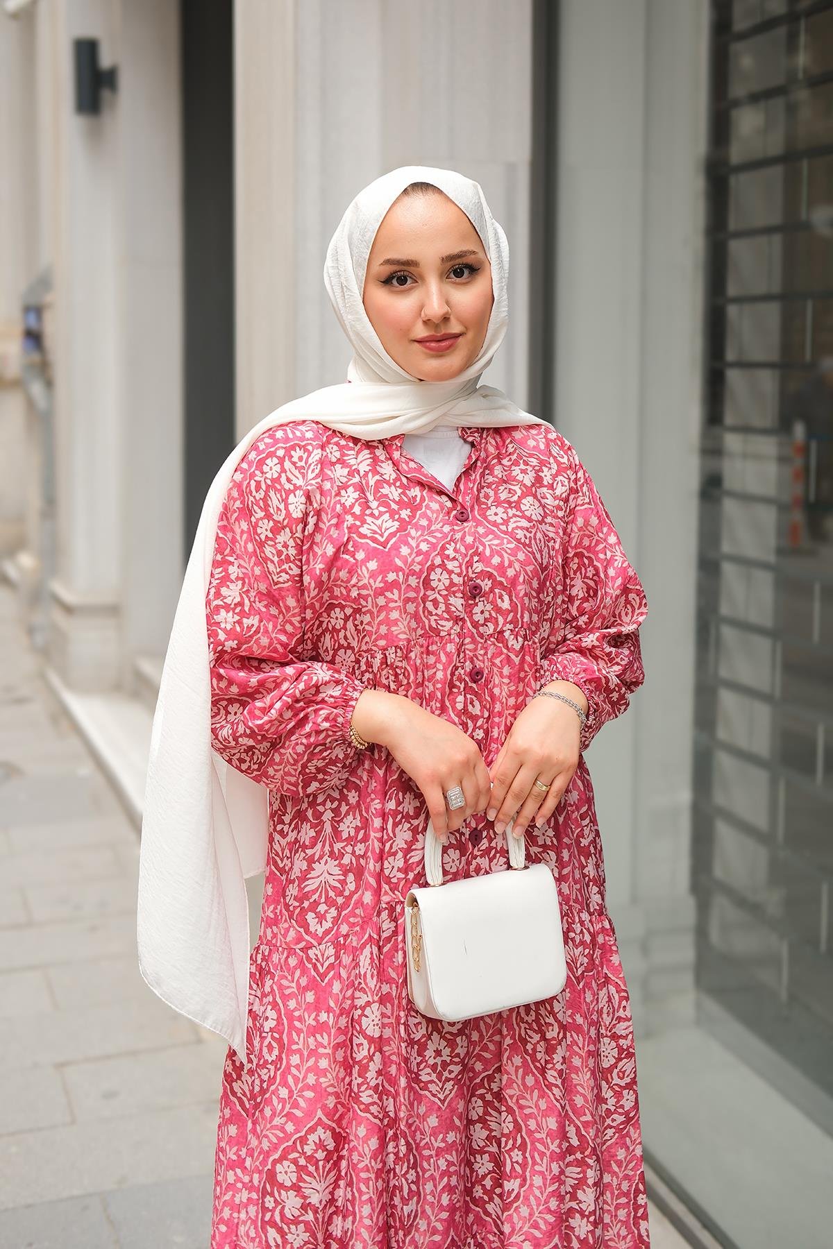 Buğlem Desenli Elbise Fuşya