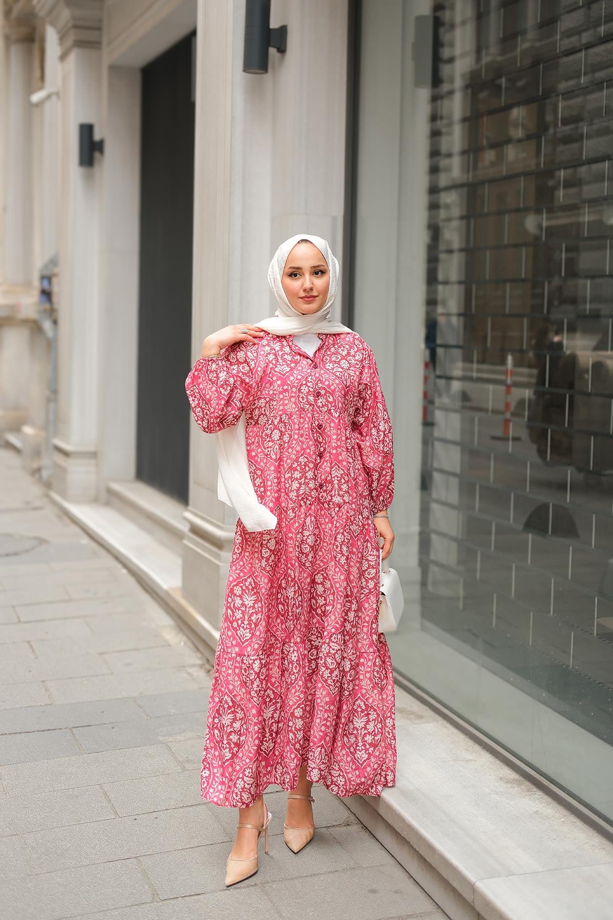 Buğlem Desenli Elbise Fuşya