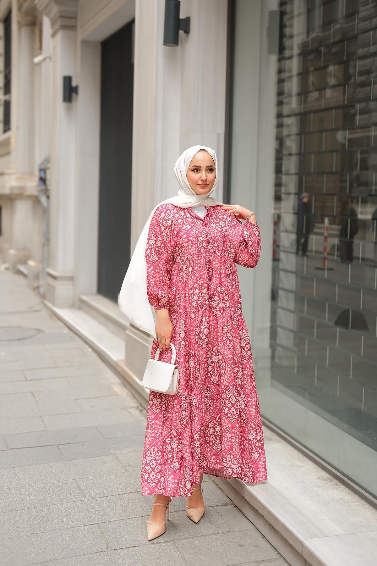 Buğlem Desenli Elbise Fuşya