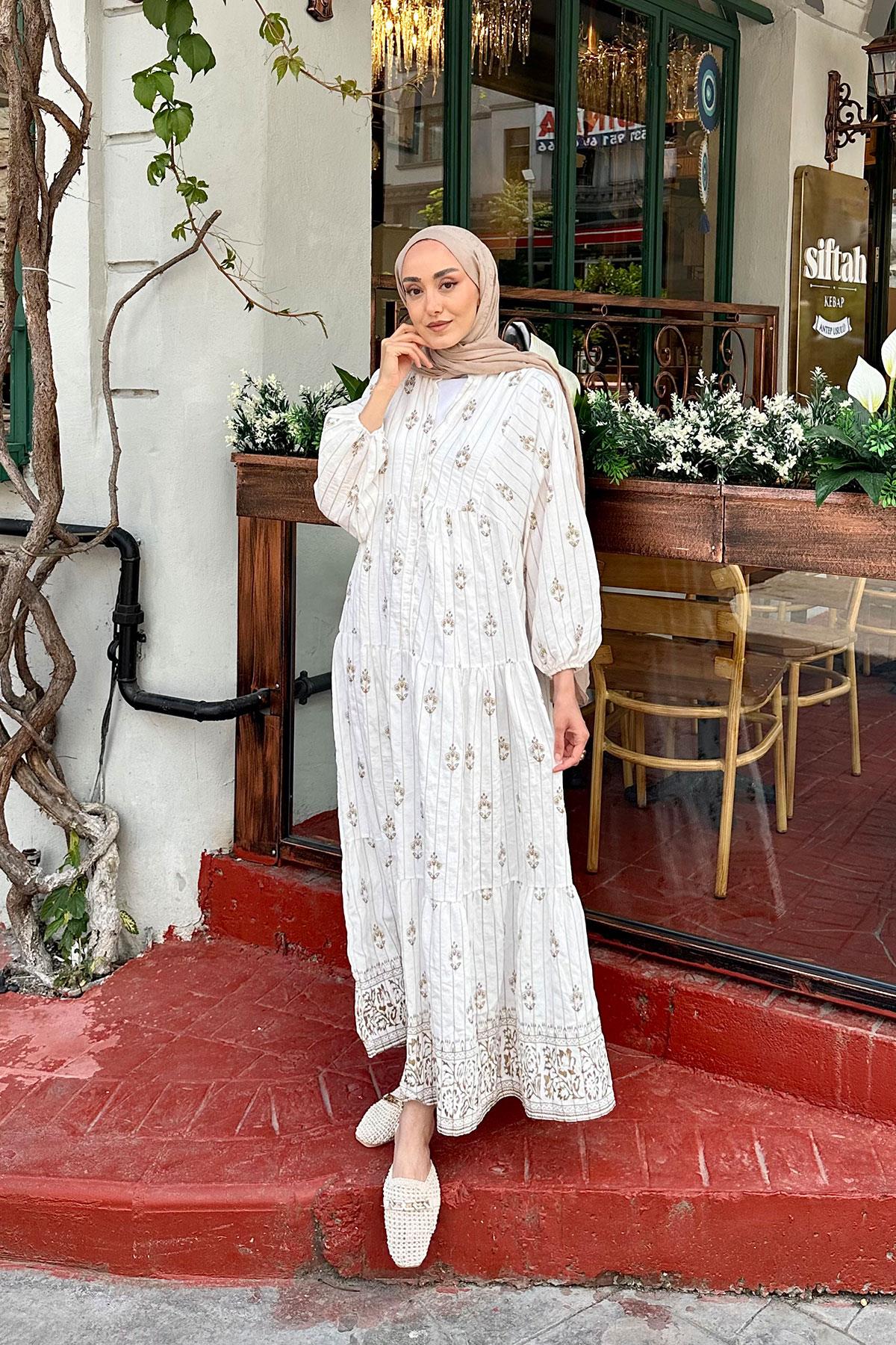 Buket Desenli Elbise Beyaz