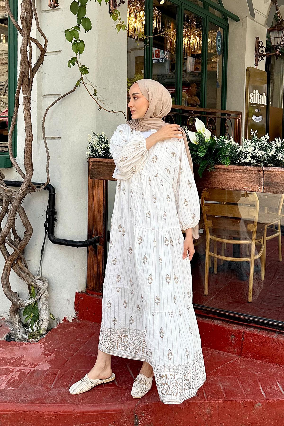 Buket Desenli Elbise Beyaz