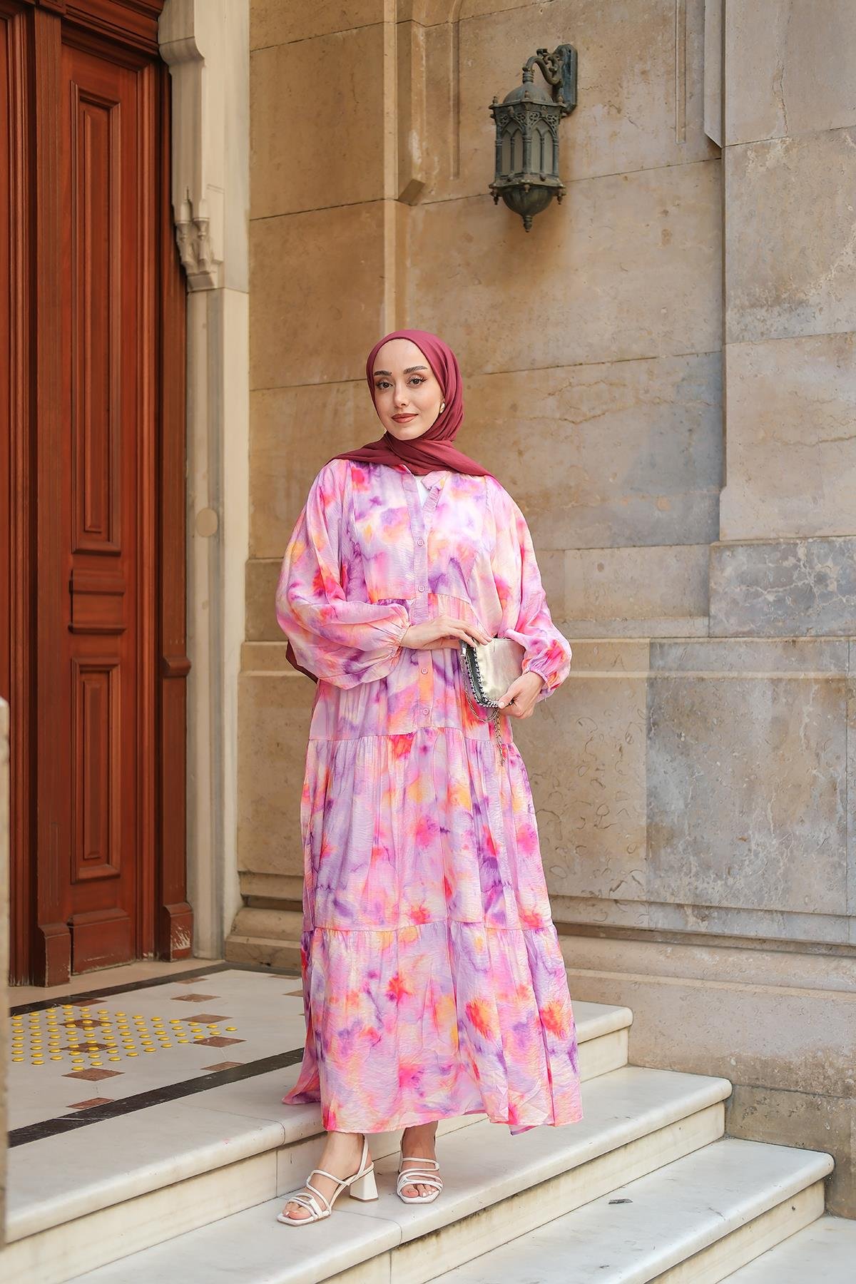 Bulanık Desen Elbise Fuşya