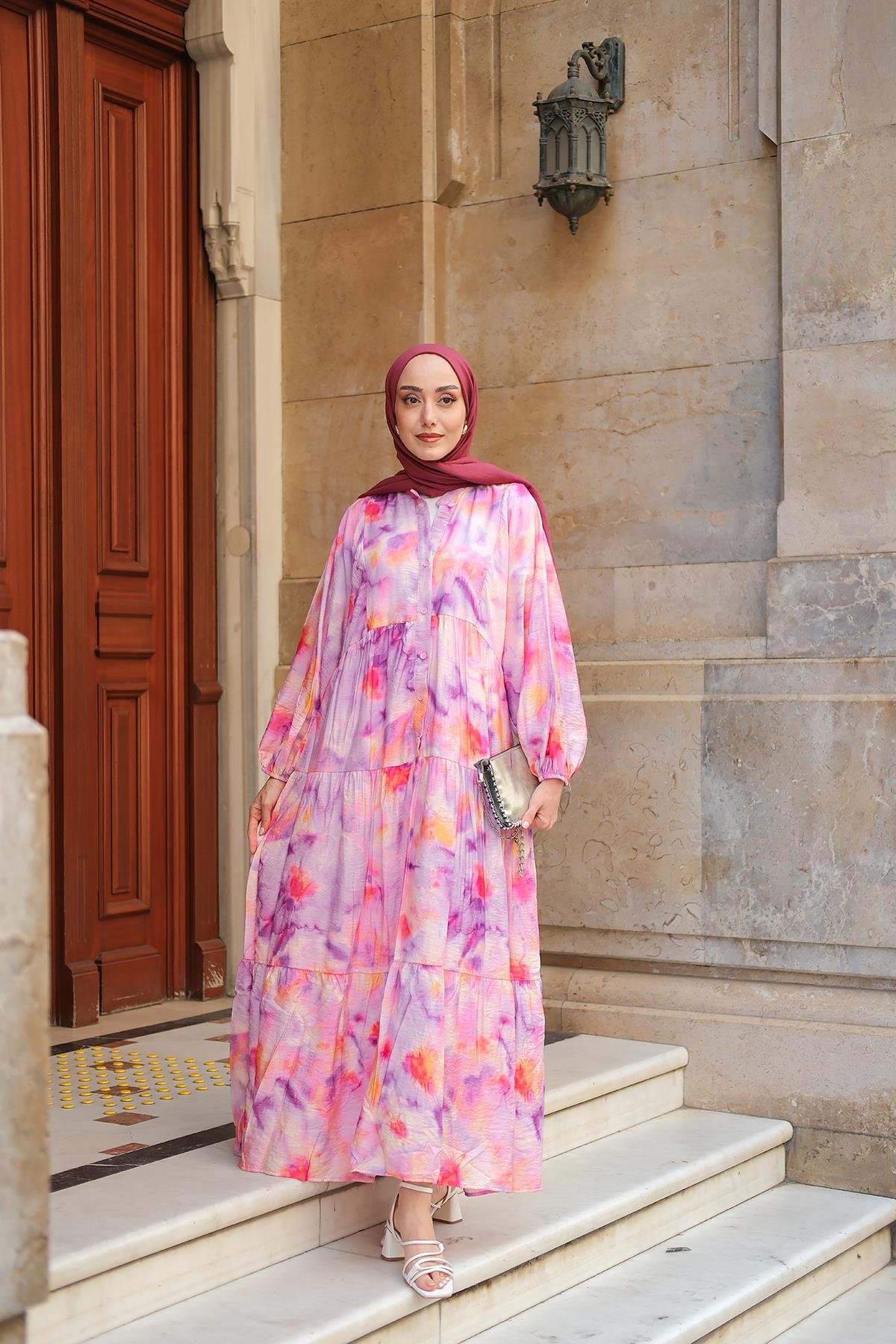 Bulanık Desen Elbise Fuşya