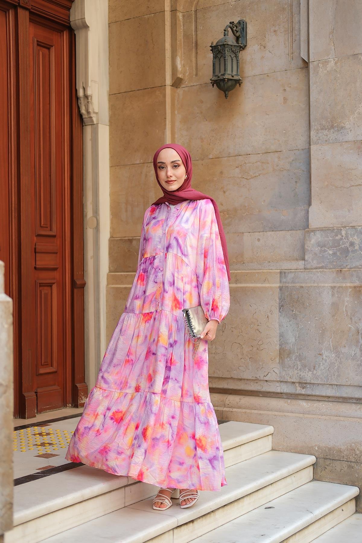 Bulanık Desen Elbise Fuşya