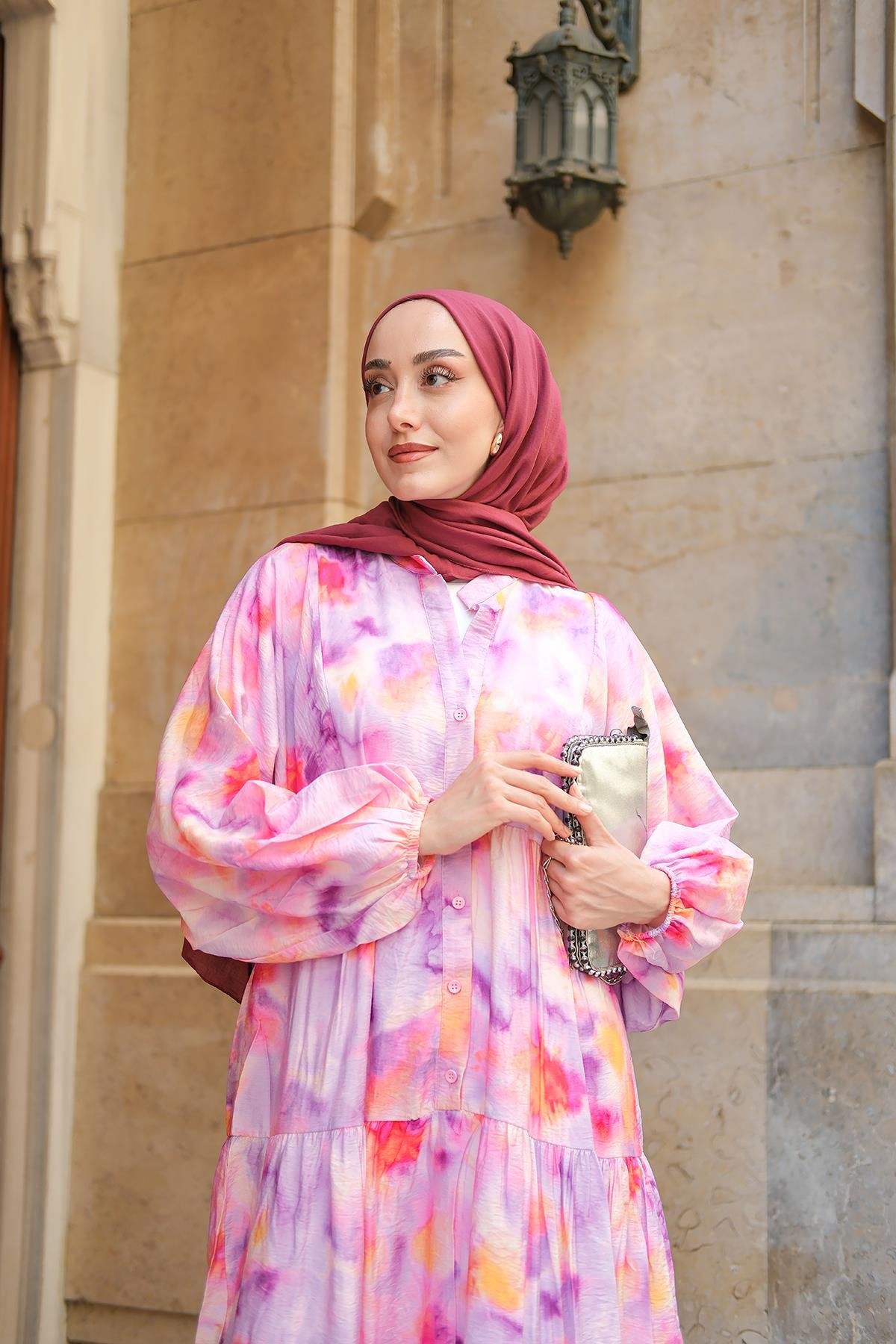 Bulanık Desen Elbise Fuşya