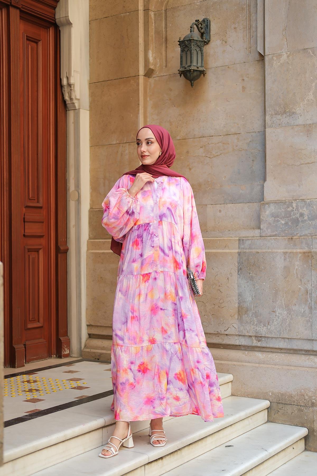 Bulanık Desen Elbise Fuşya