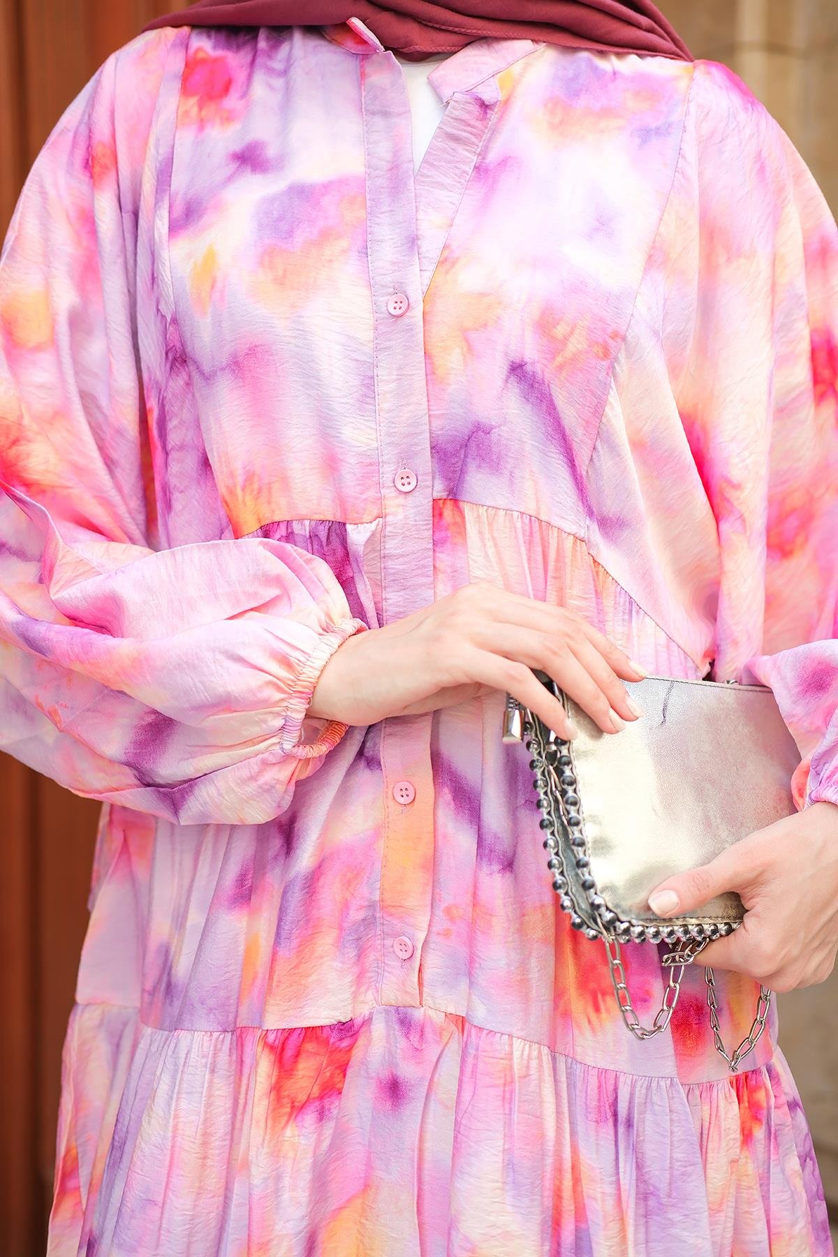 Bulanık Desen Elbise Fuşya