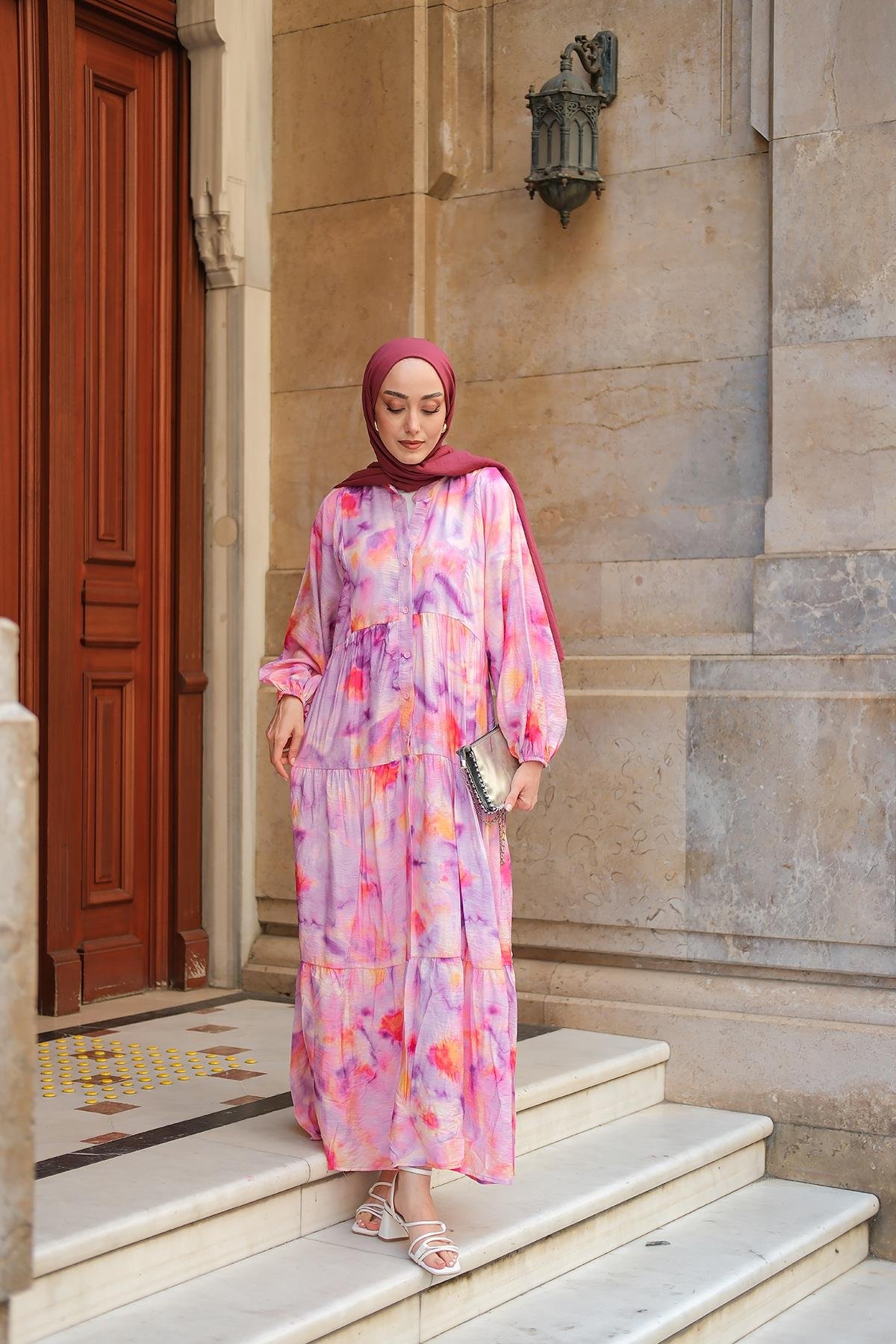 Bulanık Desen Elbise Fuşya