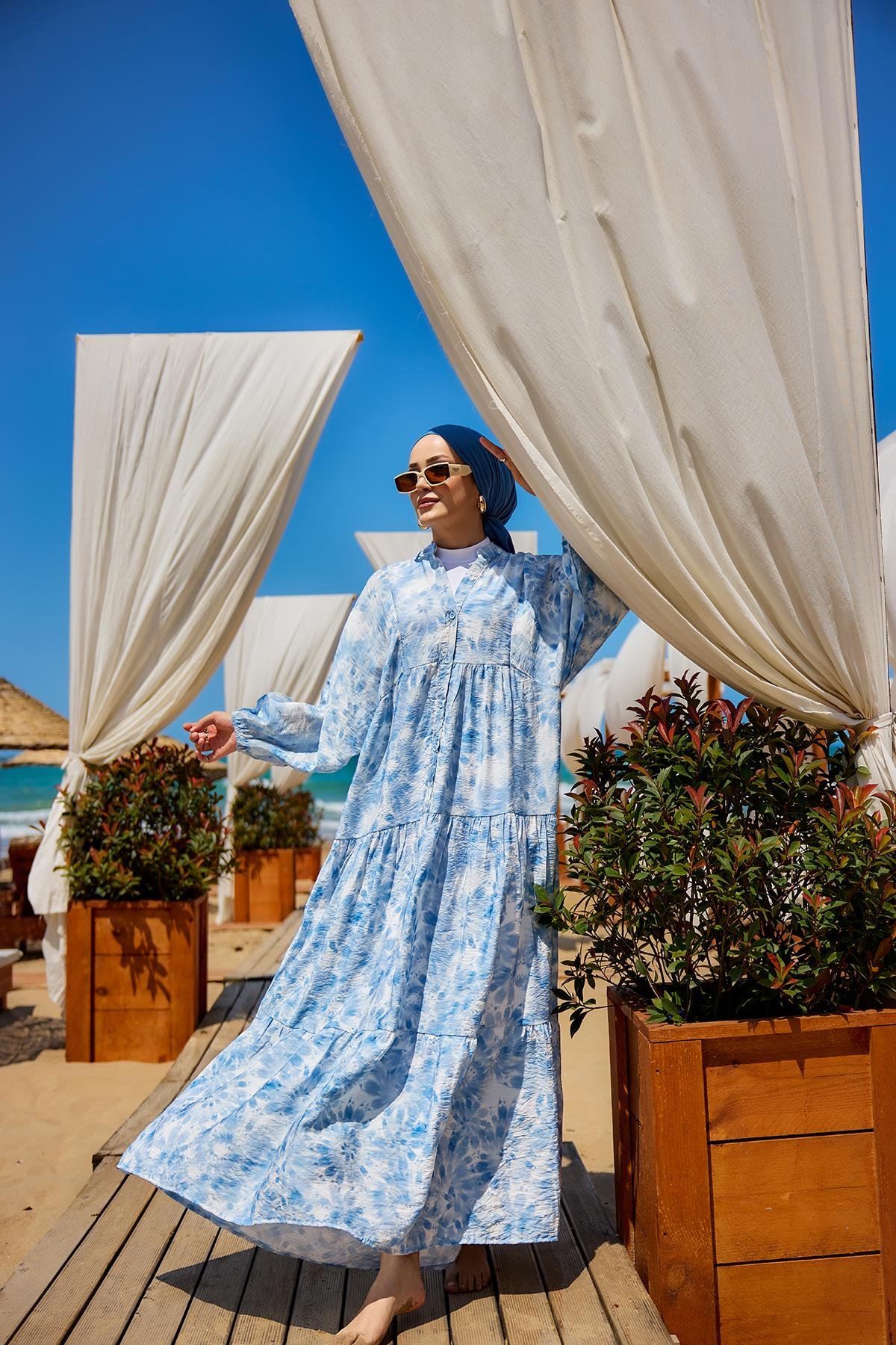 Bulut Desen Elbise Mavi