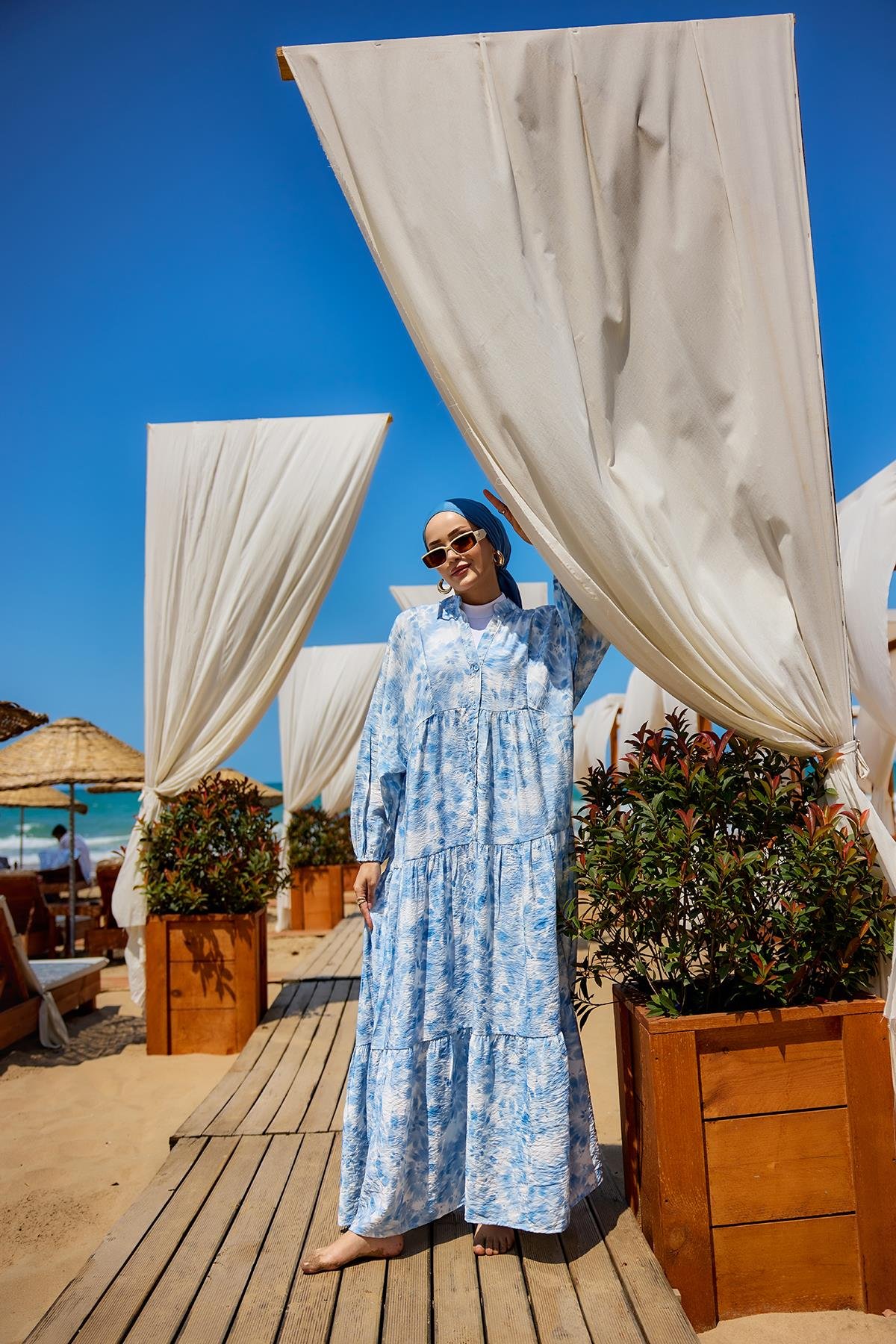 Bulut Desen Elbise Mavi