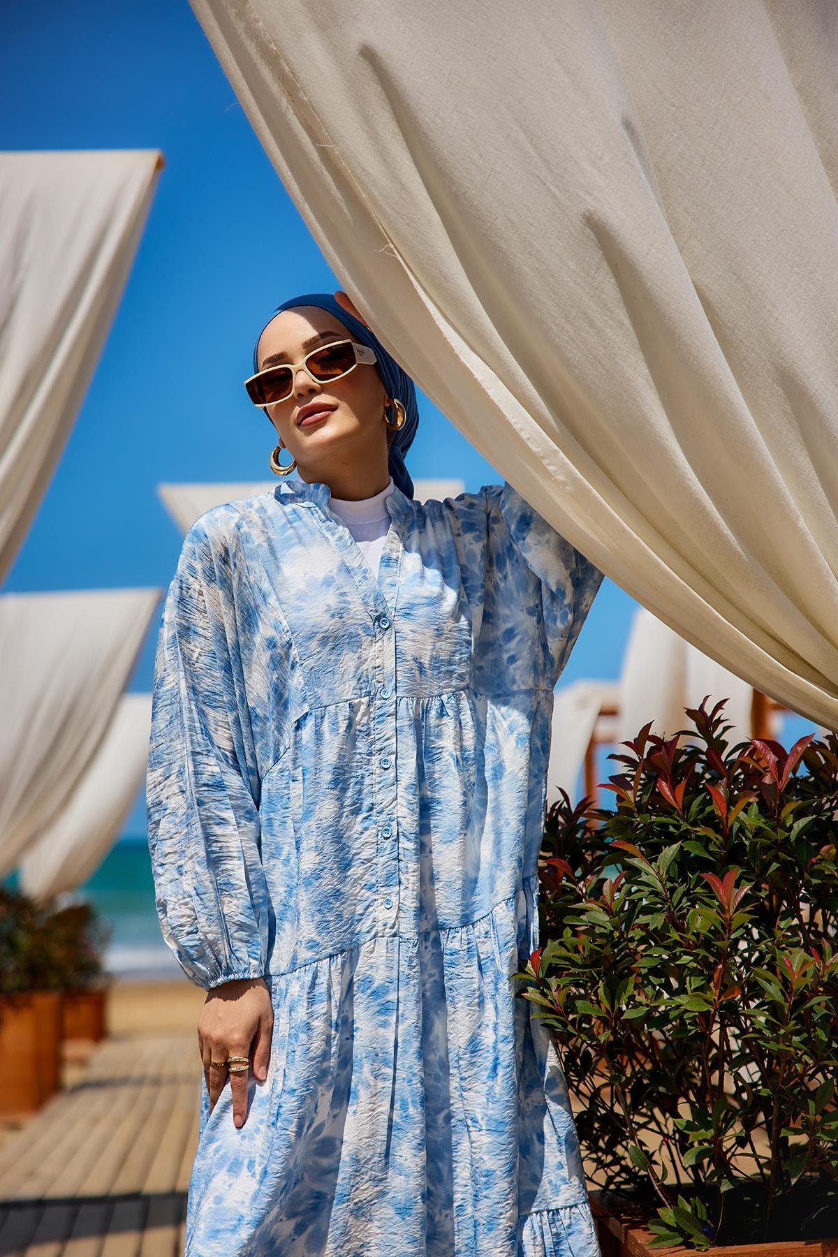 Bulut Desen Elbise Mavi