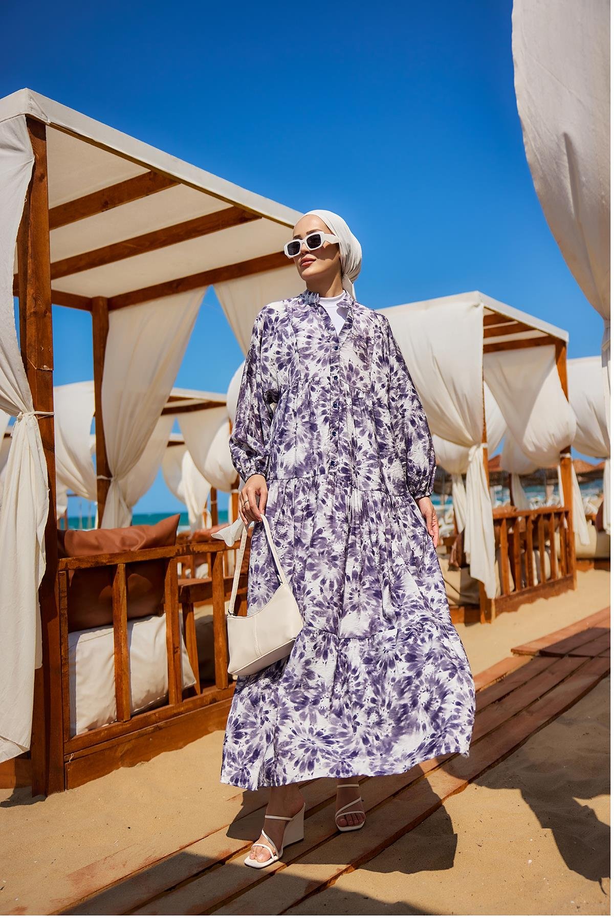 Bulut Desen Elbise Mor