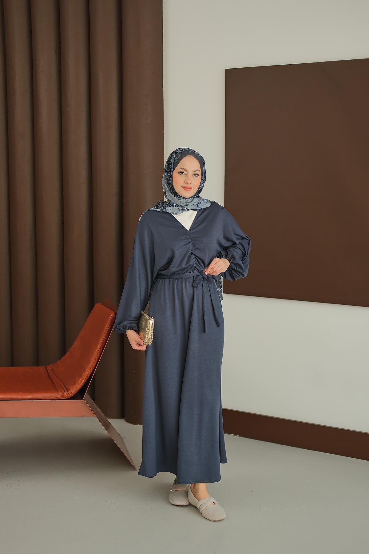 Büzgü Detay Elbise Lacivert