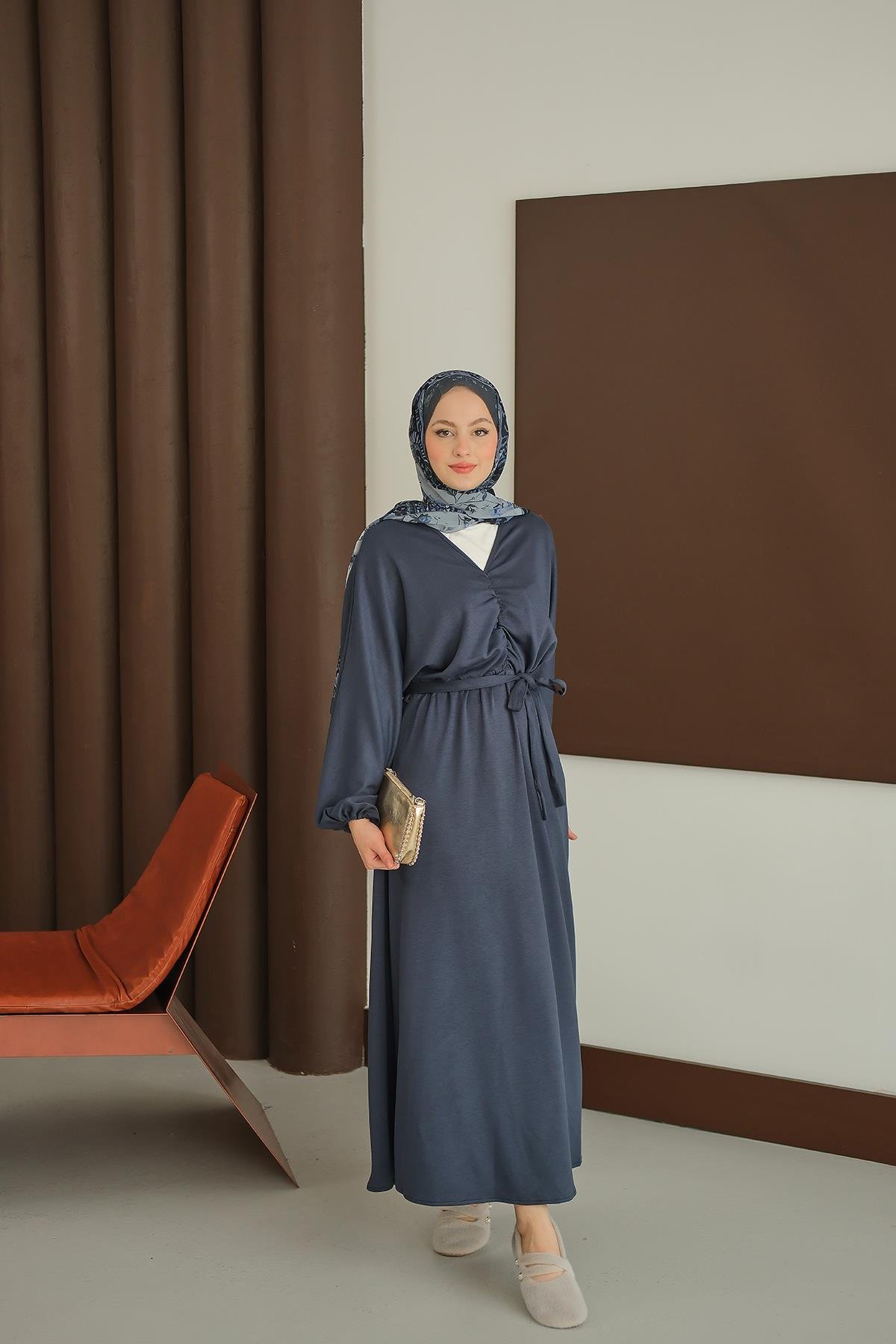 Büzgü Detay Elbise Lacivert