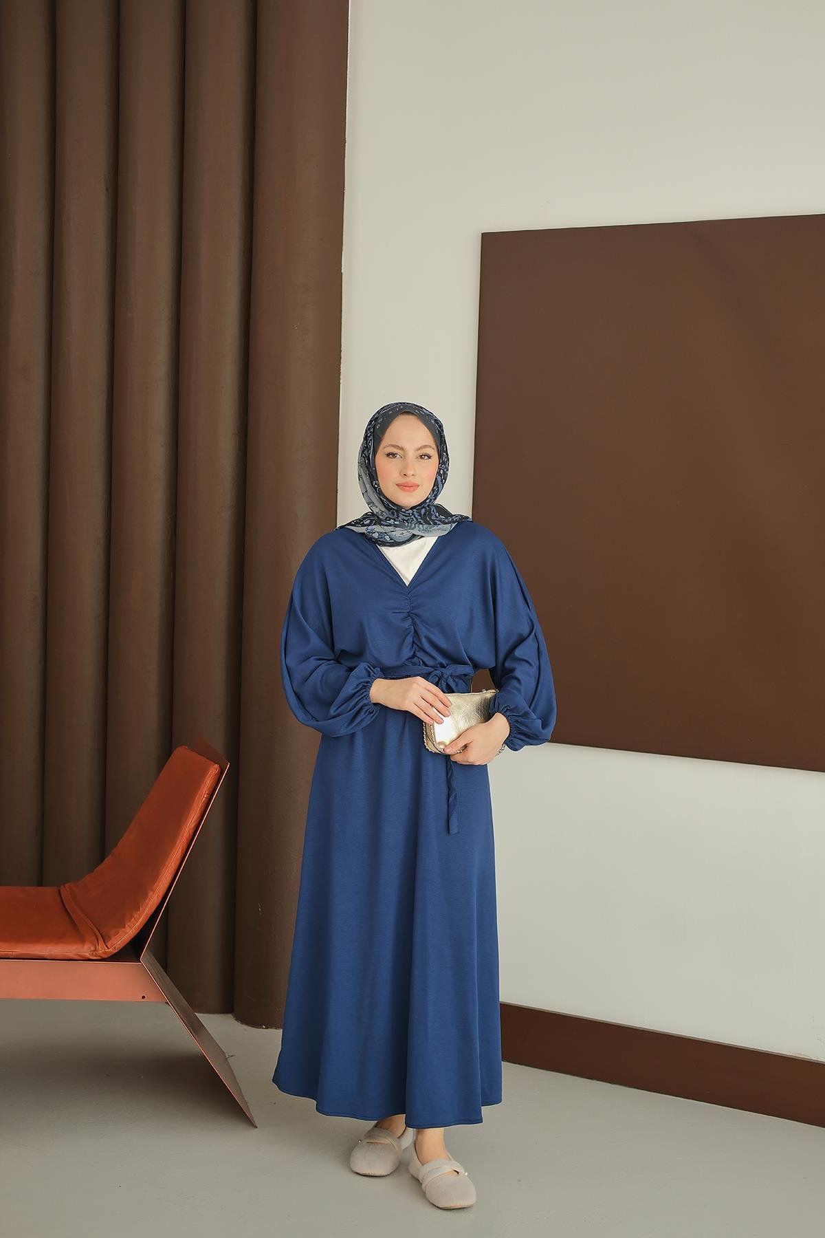 Büzgü Detay Elbise Saks Mavi