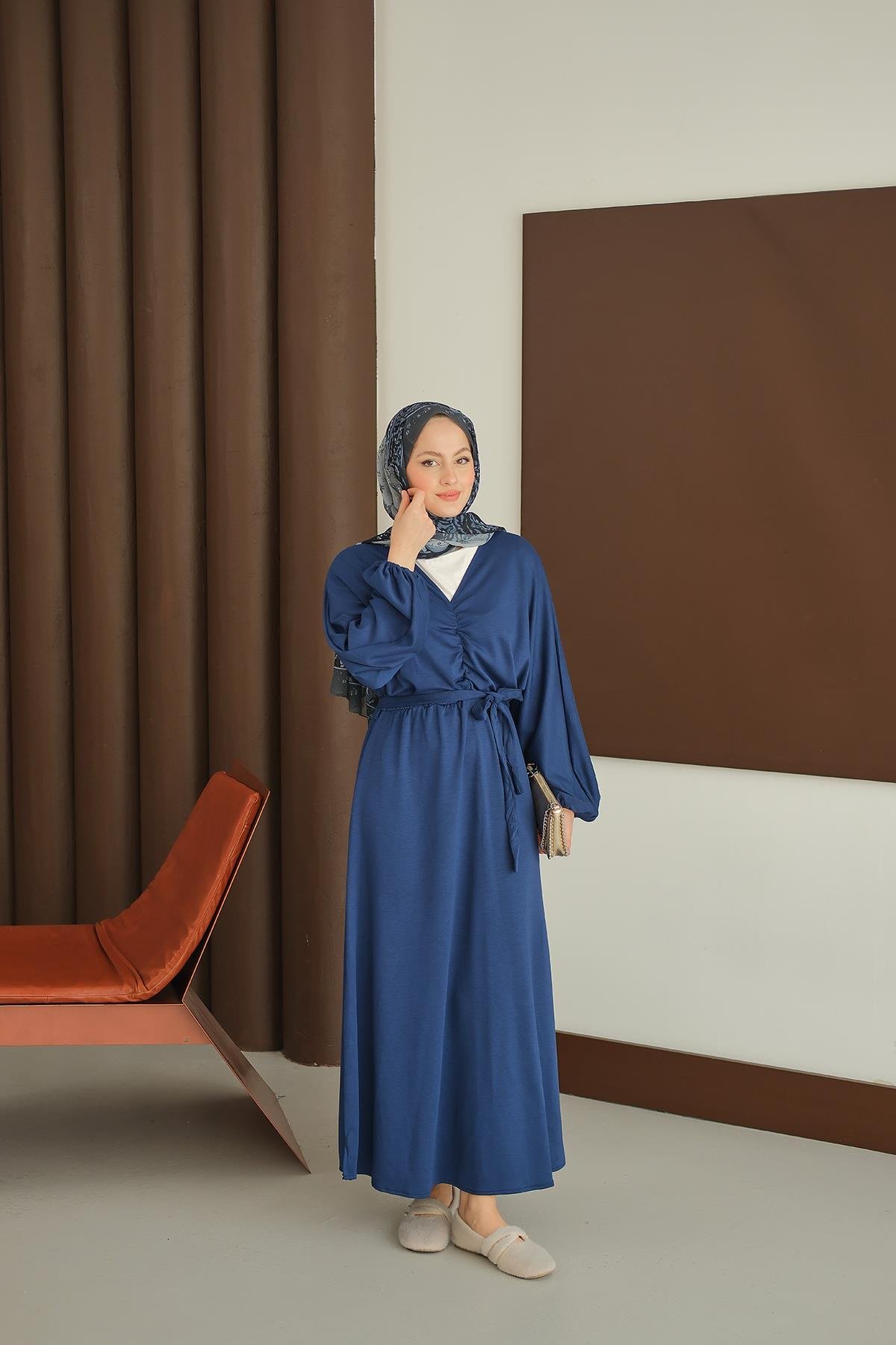 Büzgü Detay Elbise Saks Mavi