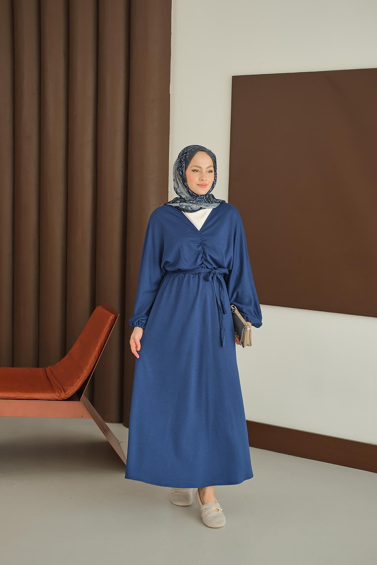 Büzgü Detay Elbise Saks Mavi