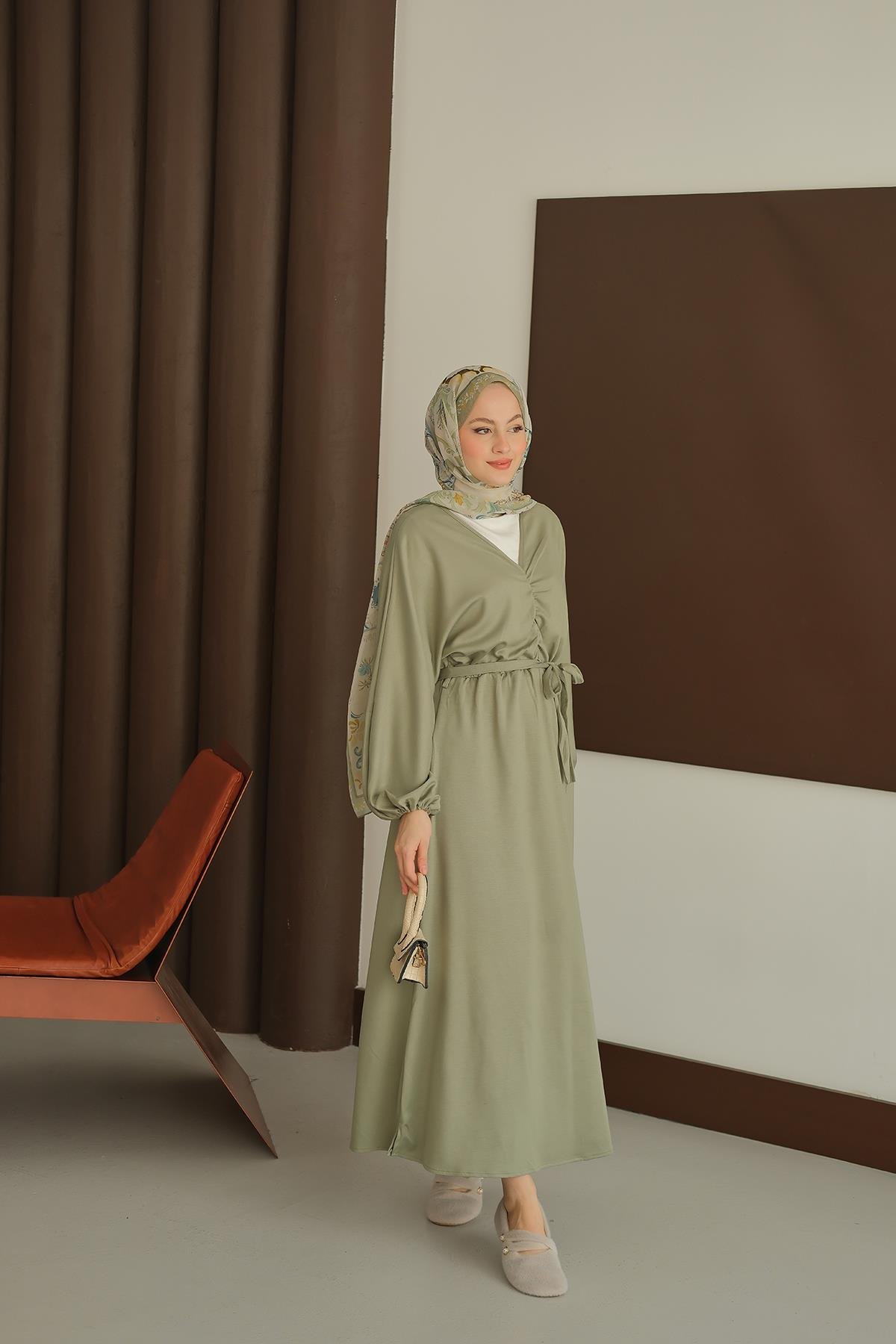 Büzgü Detay Elbise Yeşil