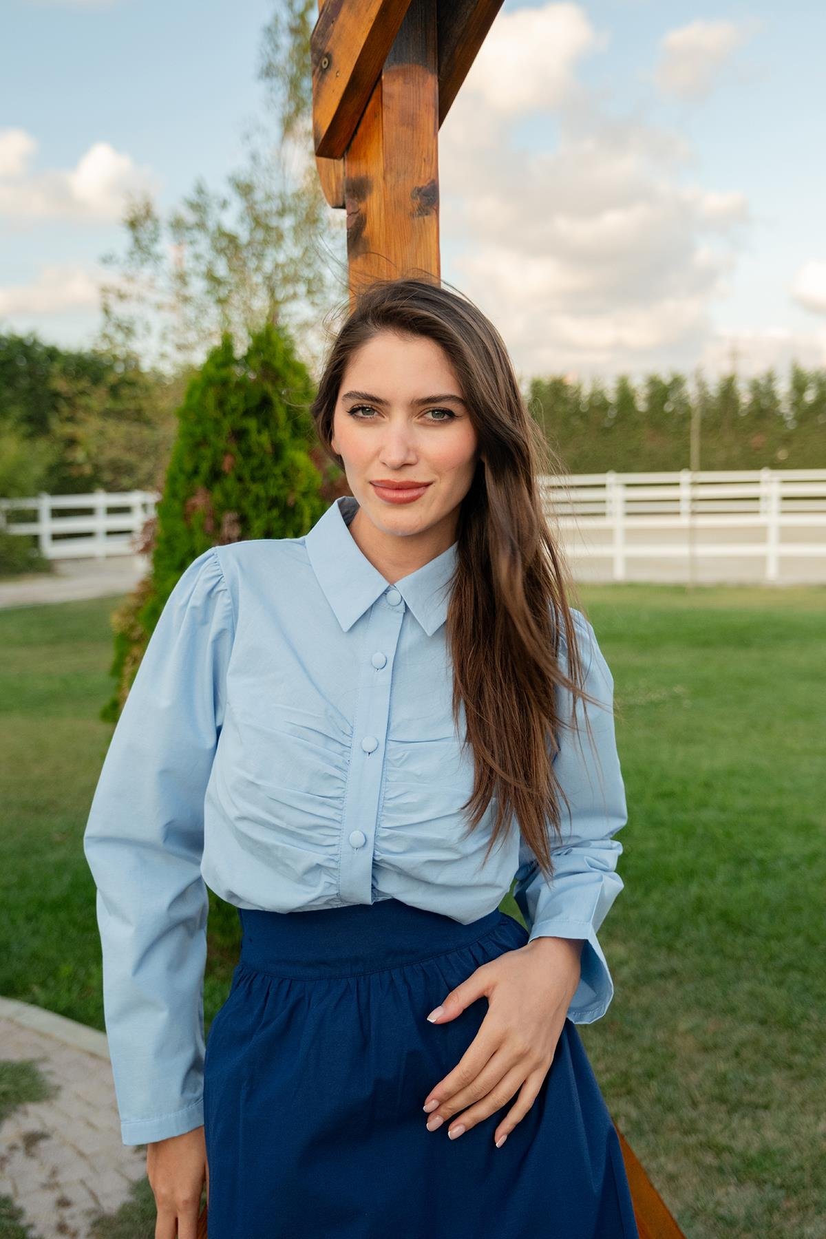 Büzgü Detay Poplin Gömlek Mavi