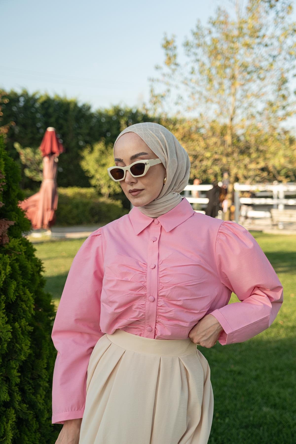 Büzgü Detay Poplin Gömlek Pembe