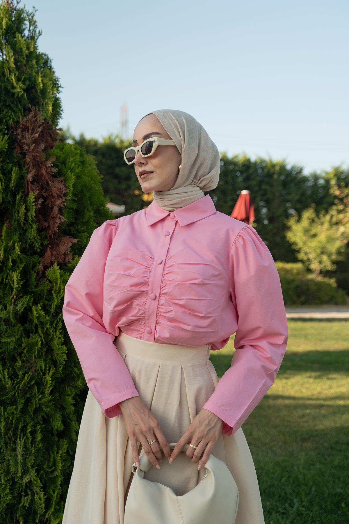 Büzgü Detay Poplin Gömlek Pembe