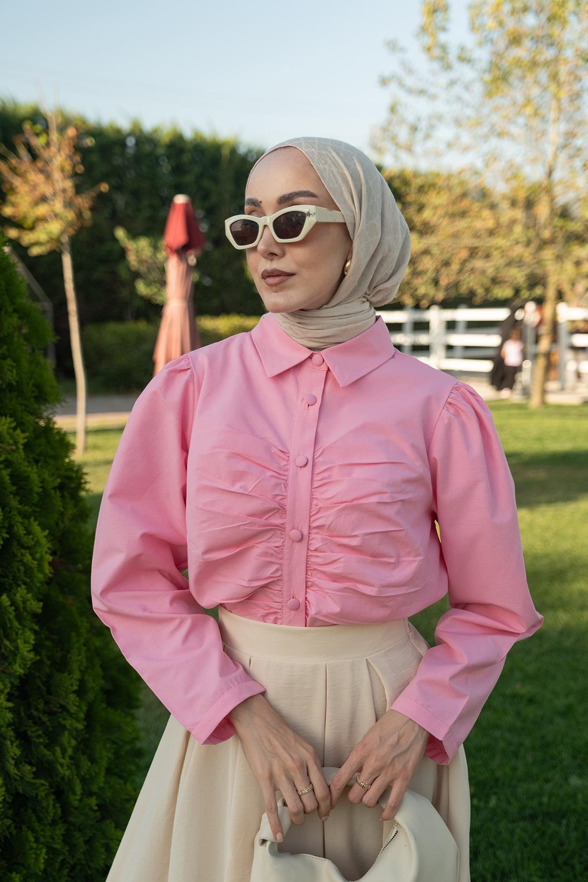 Büzgü Detay Poplin Gömlek Pembe