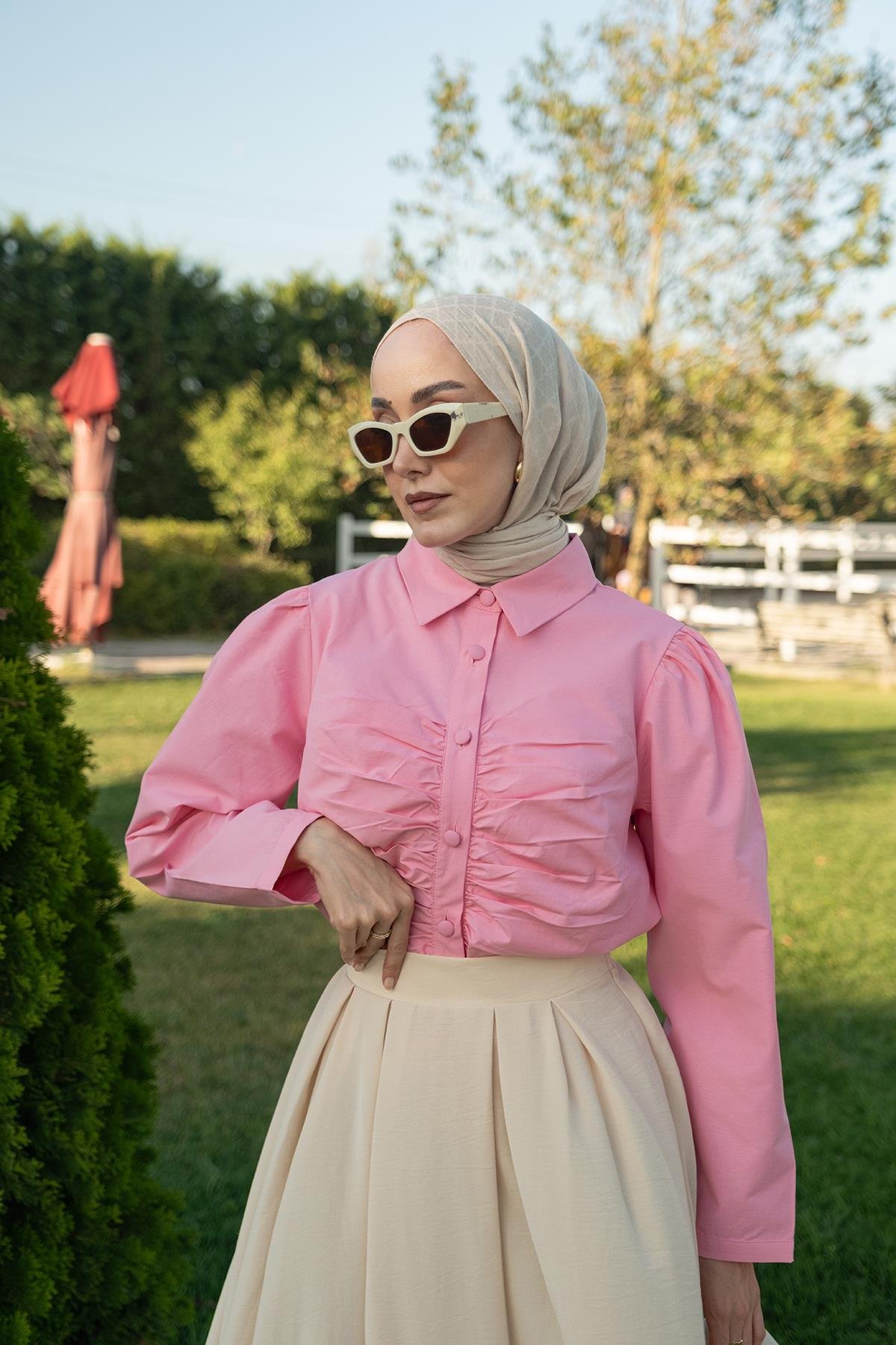 Büzgü Detay Poplin Gömlek Pembe