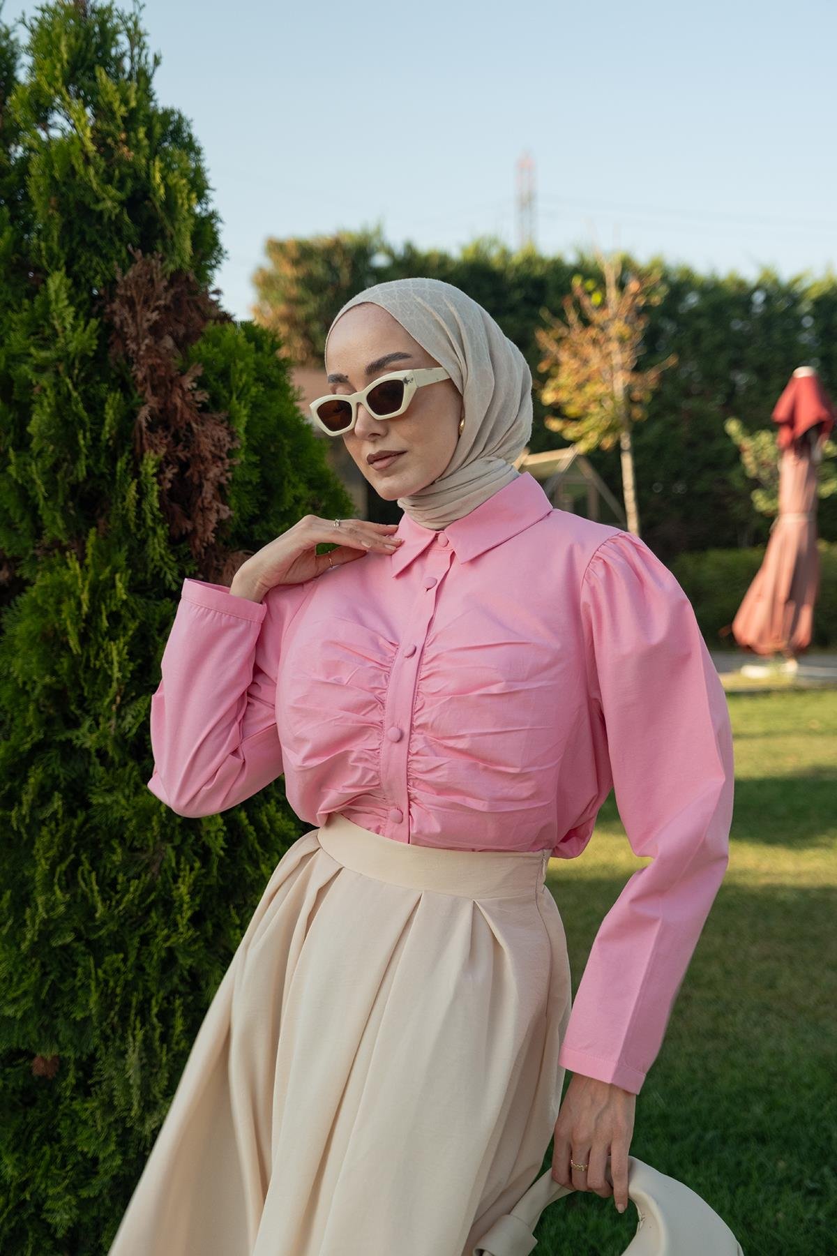 Büzgü Detay Poplin Gömlek Pembe