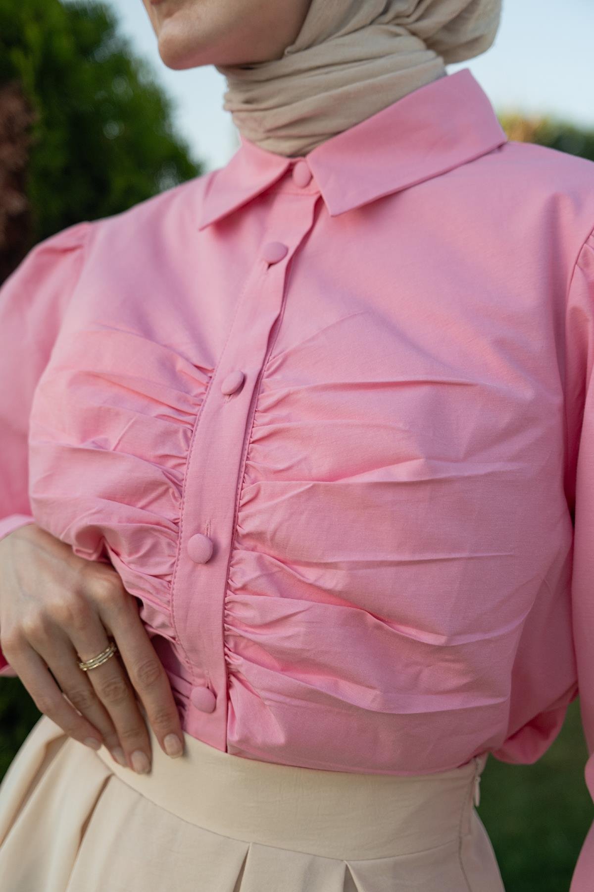 Büzgü Detay Poplin Gömlek Pembe