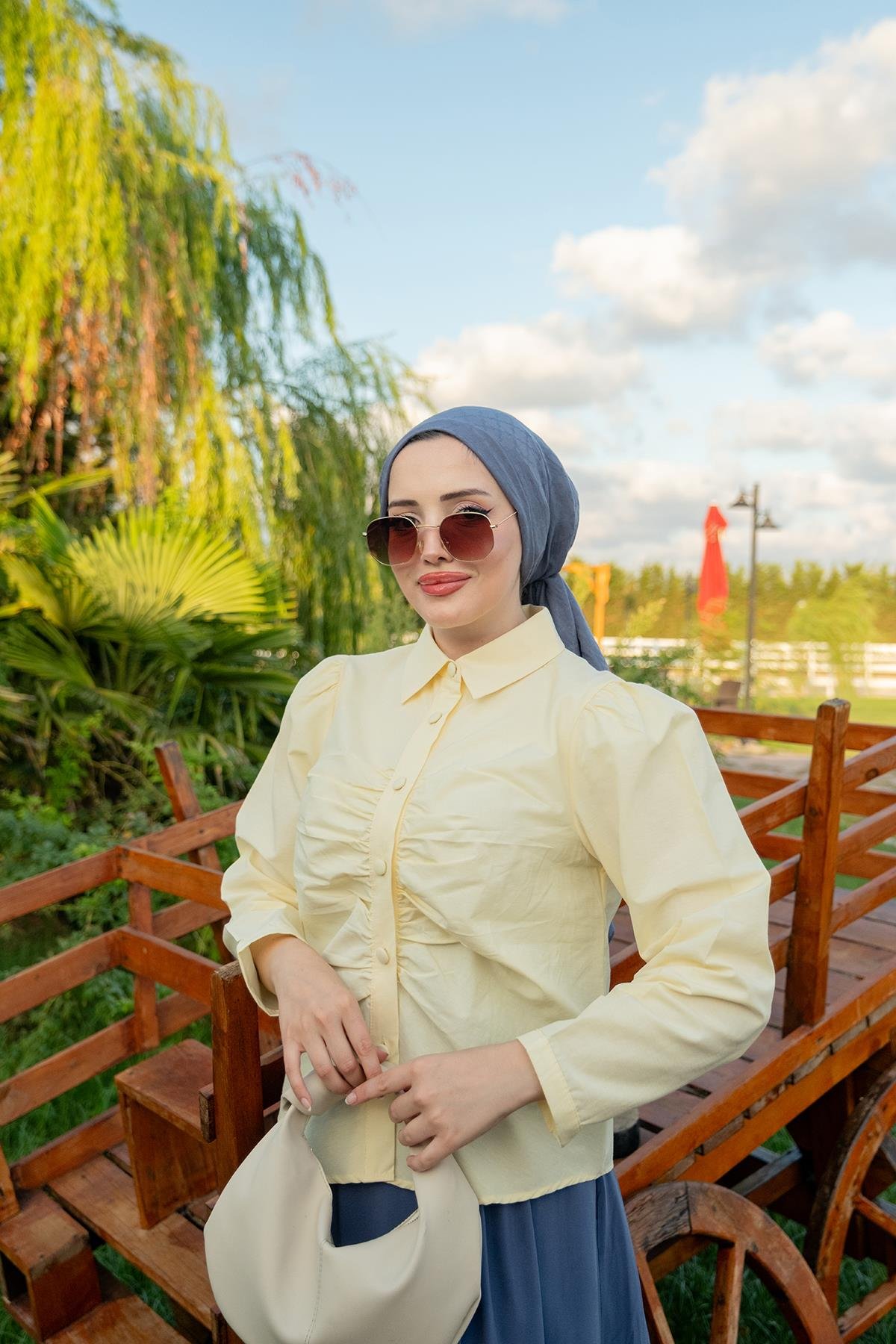 Büzgü Detay Poplin Gömlek Sarı