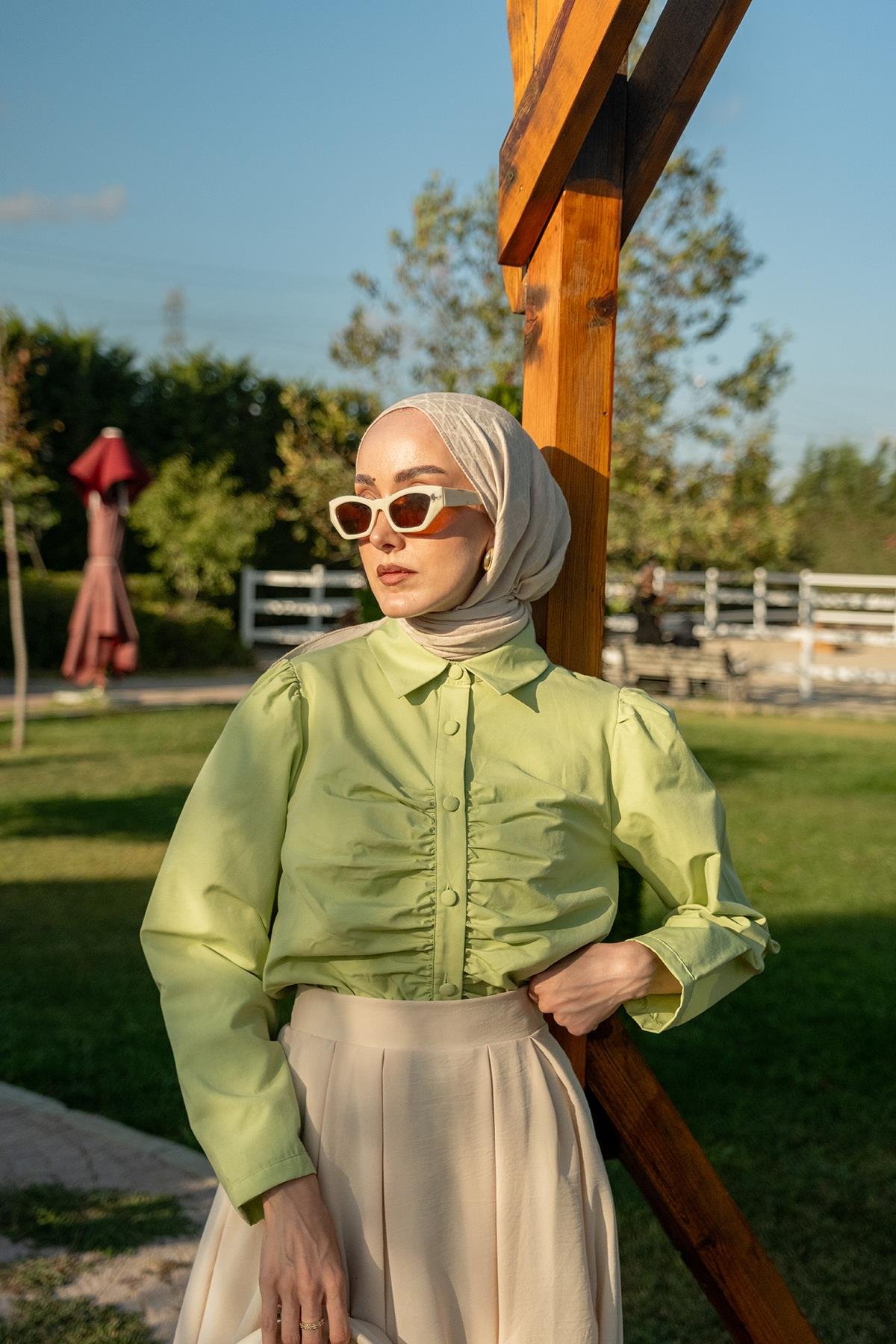 Büzgü Detay Poplin Gömlek Yeşil