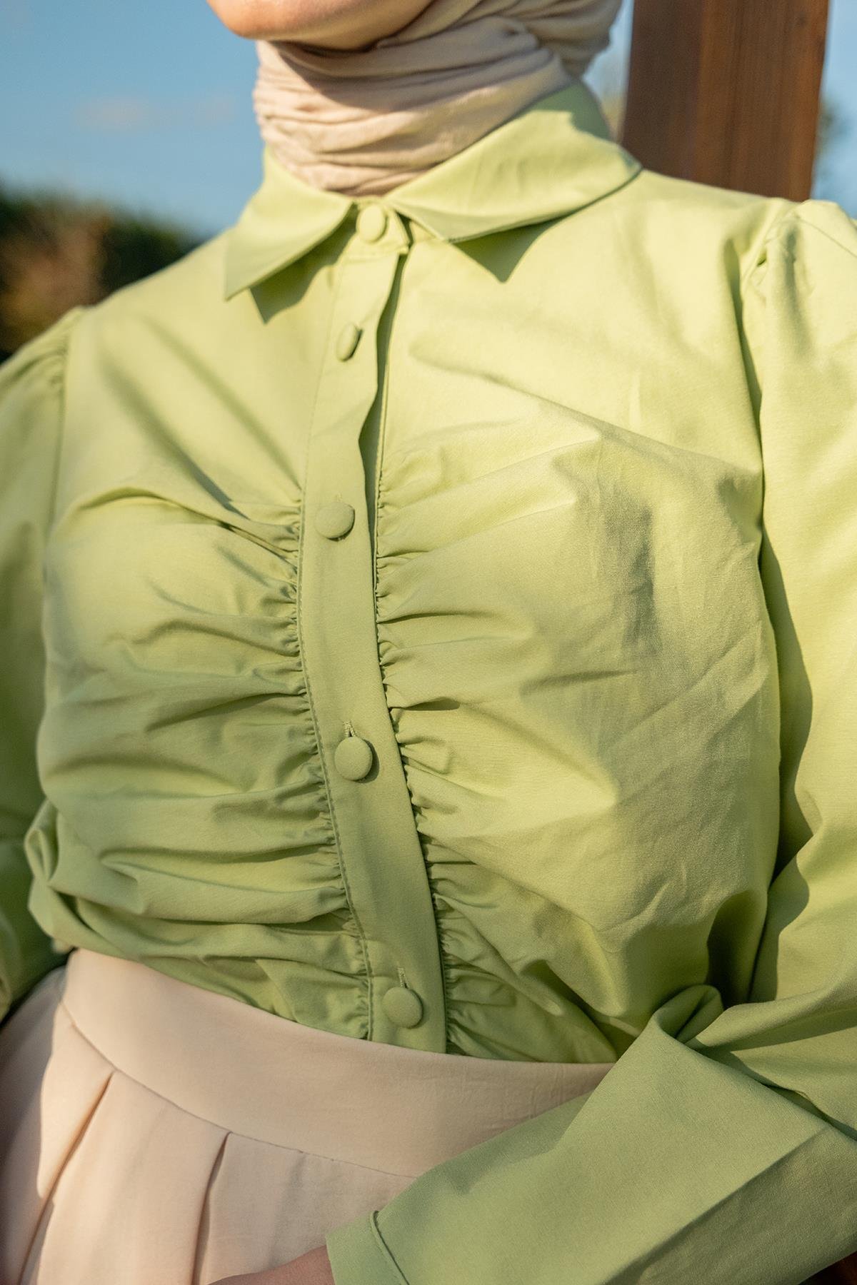 Büzgü Detay Poplin Gömlek Yeşil