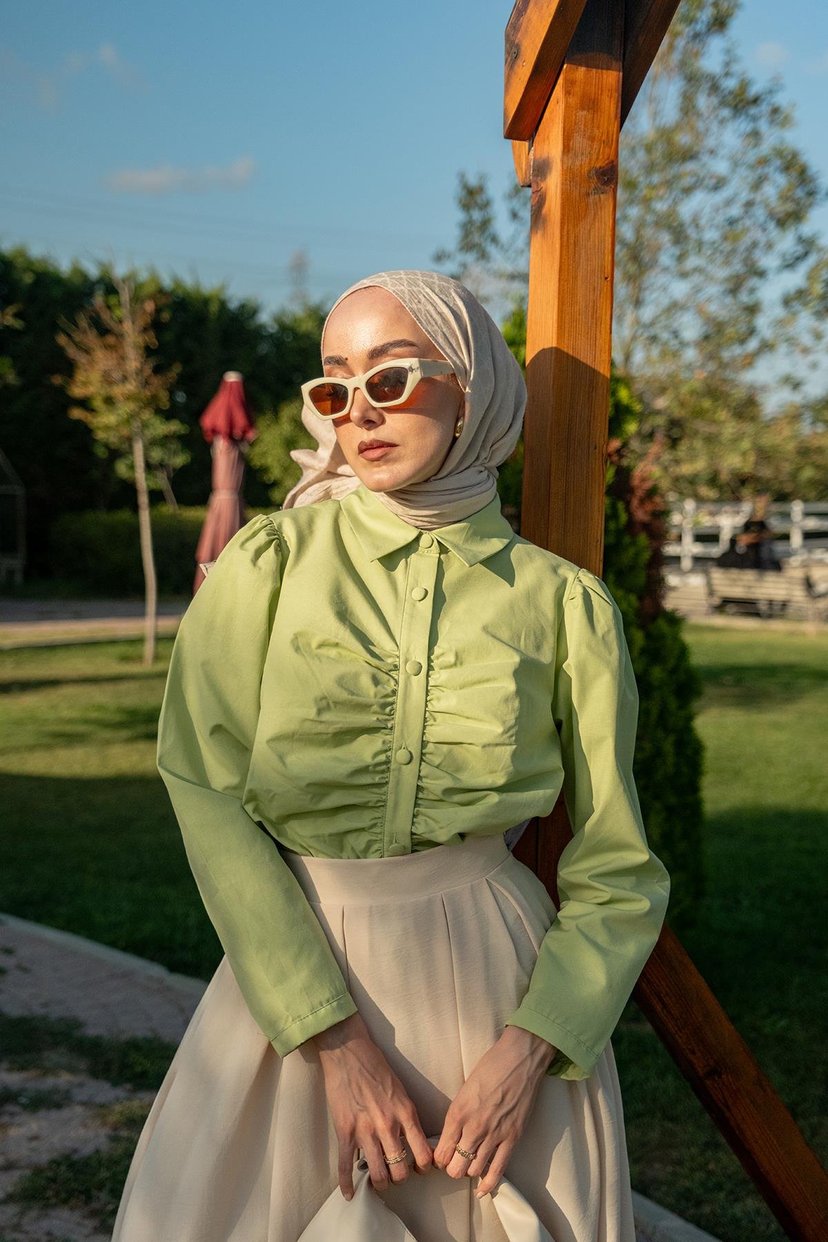 Büzgü Detay Poplin Gömlek Yeşil