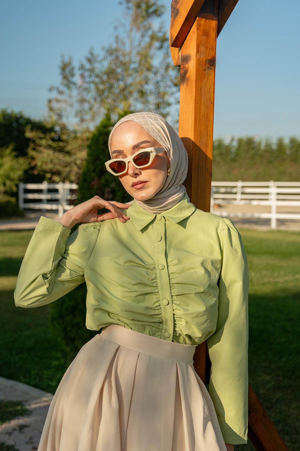 Büzgü Detay Poplin Gömlek Yeşil